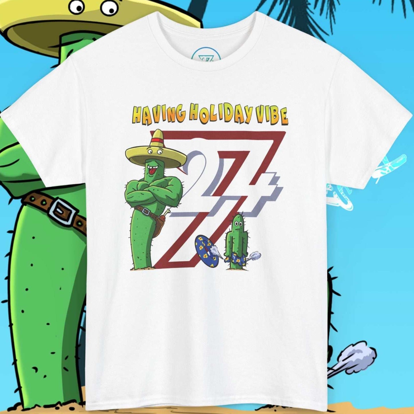 White funny family vacation t-shirt featuring a flexing cactus dad and a small cactus with a popped pool floatie.
