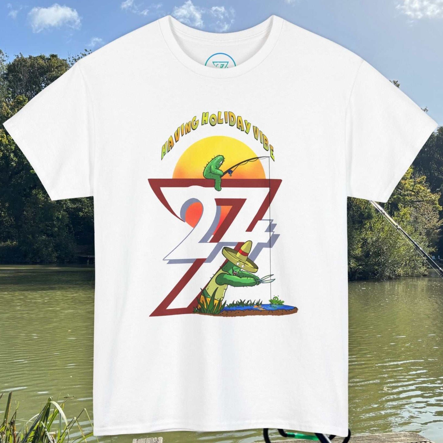 White funny fishing t-shirt featuring a cartoon cactus cutting another cactus's fishing line with scissors.
