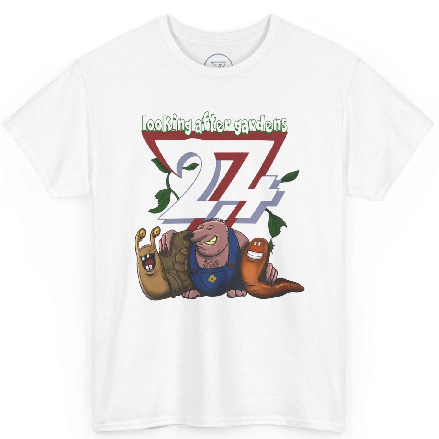 Front view of a white funny gardening shirt featuring the hand-drawn mole, slug, and snail cartoon, displayed on a clean background.