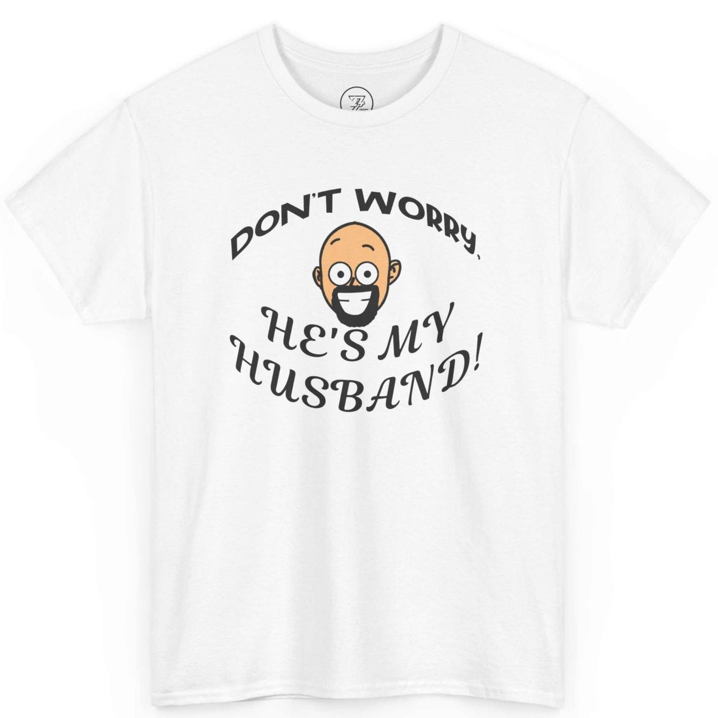Front view of a white funny kiss cam graphic t-shirt by 24/7 Unique Designs featuring a bearded male character design.