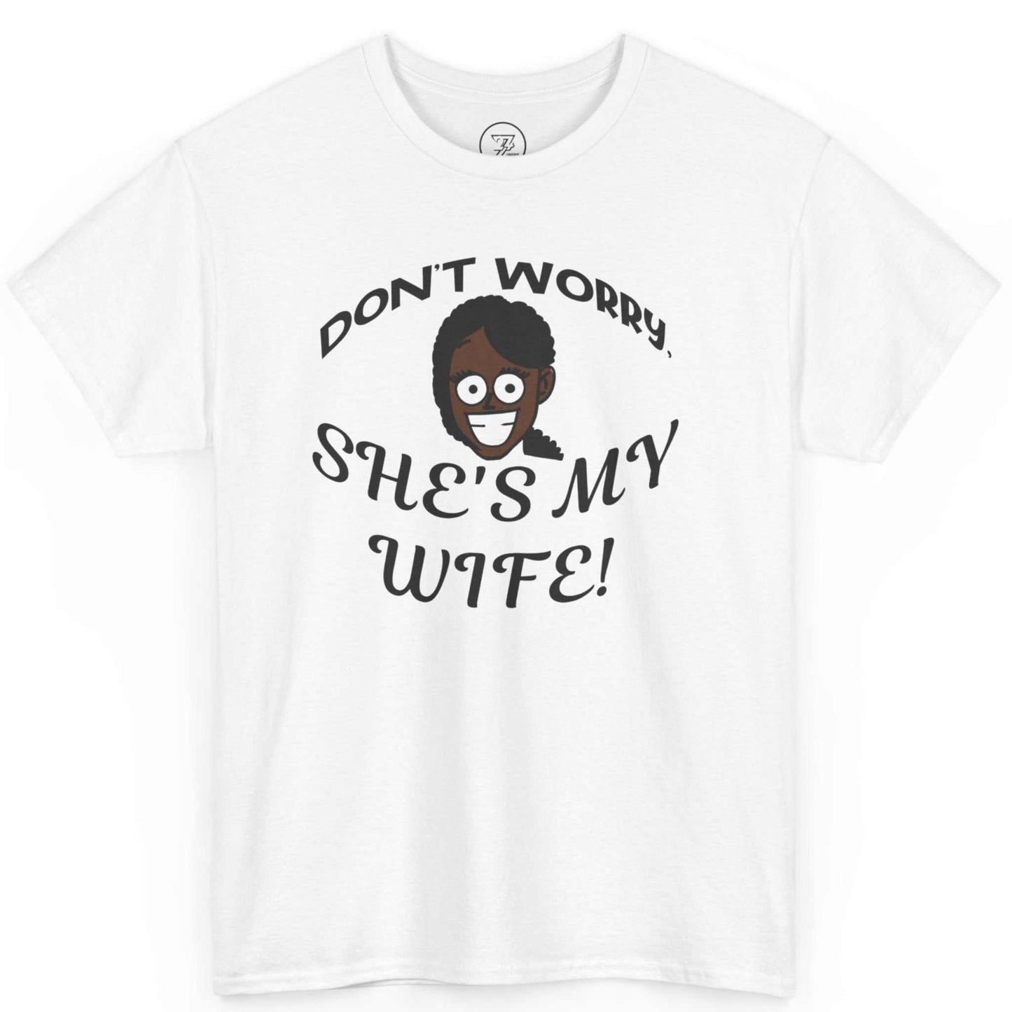 Front view of a white funny kiss cam graphic t-shirt by 24/7 Unique Designs featuring a comedic character avatar.