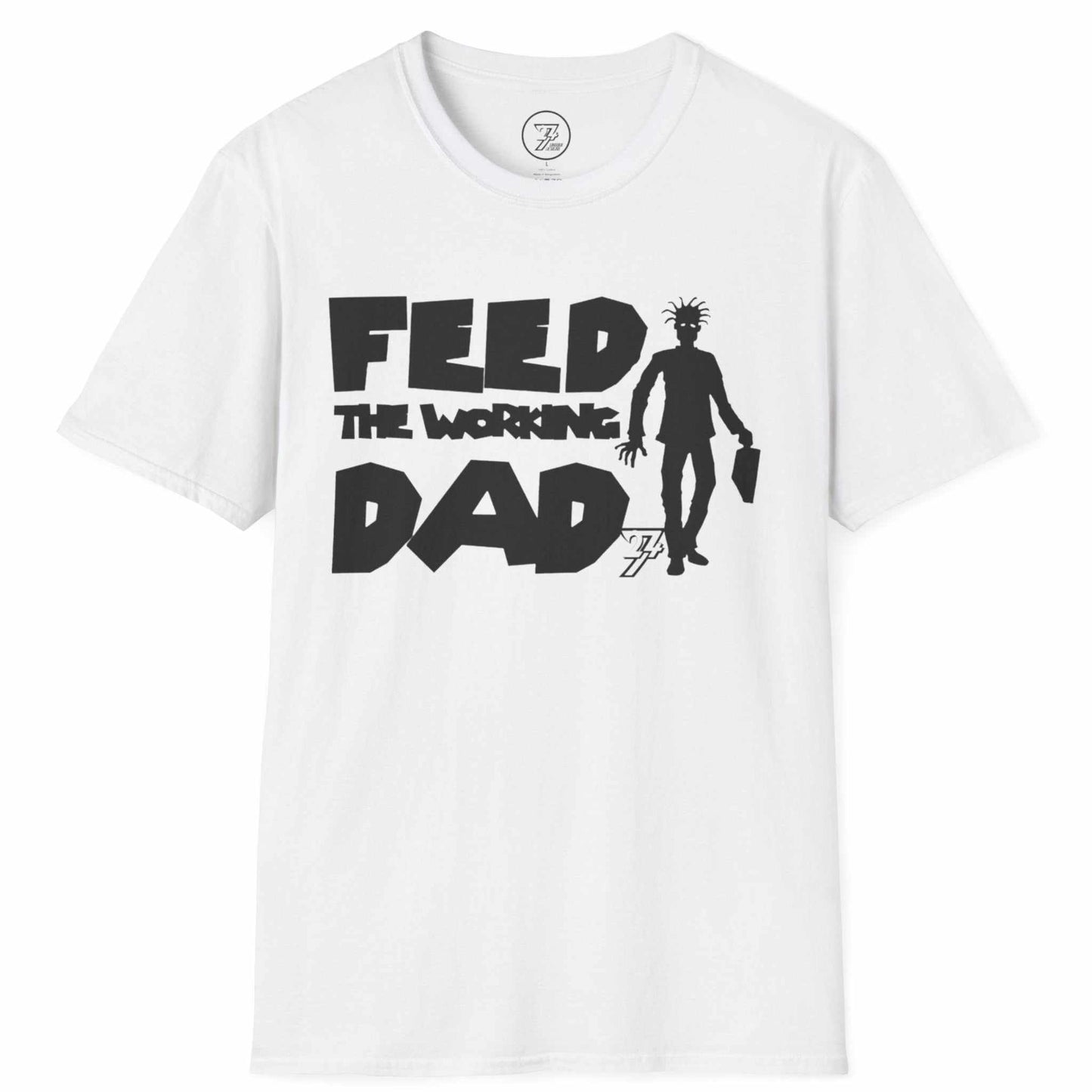 Front view of a white funny office zombie dad tee featuring the black digitally hand-drawn briefcase silhouette, displayed on a clean background.