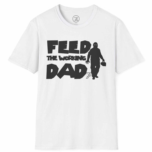 White funny tradesman zombie dad tee featuring the black horror parody design, displayed on a clean background.