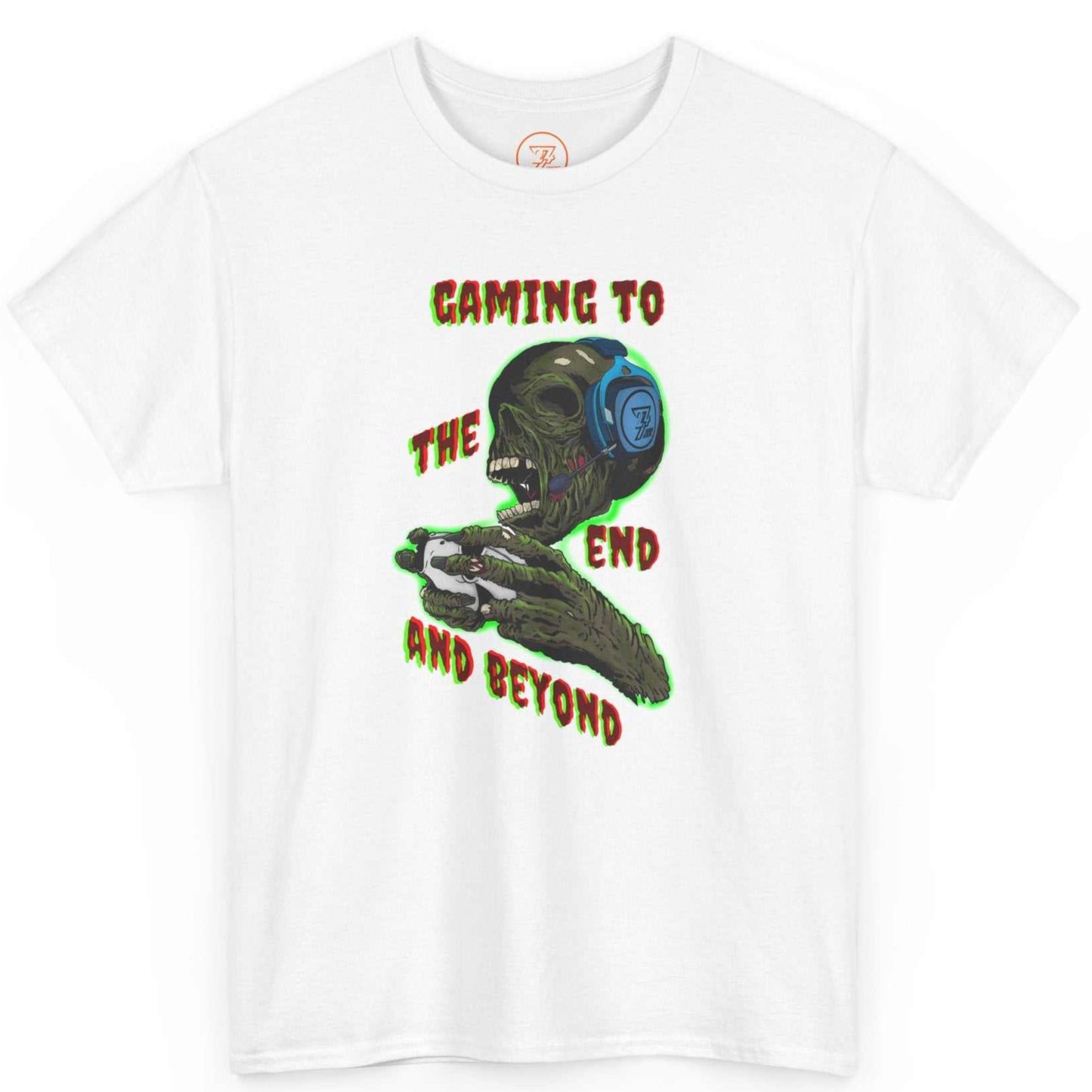 Front view of a white gamer graphic t-shirt by 24/7 Unique Designs featuring a horror comic zombie.