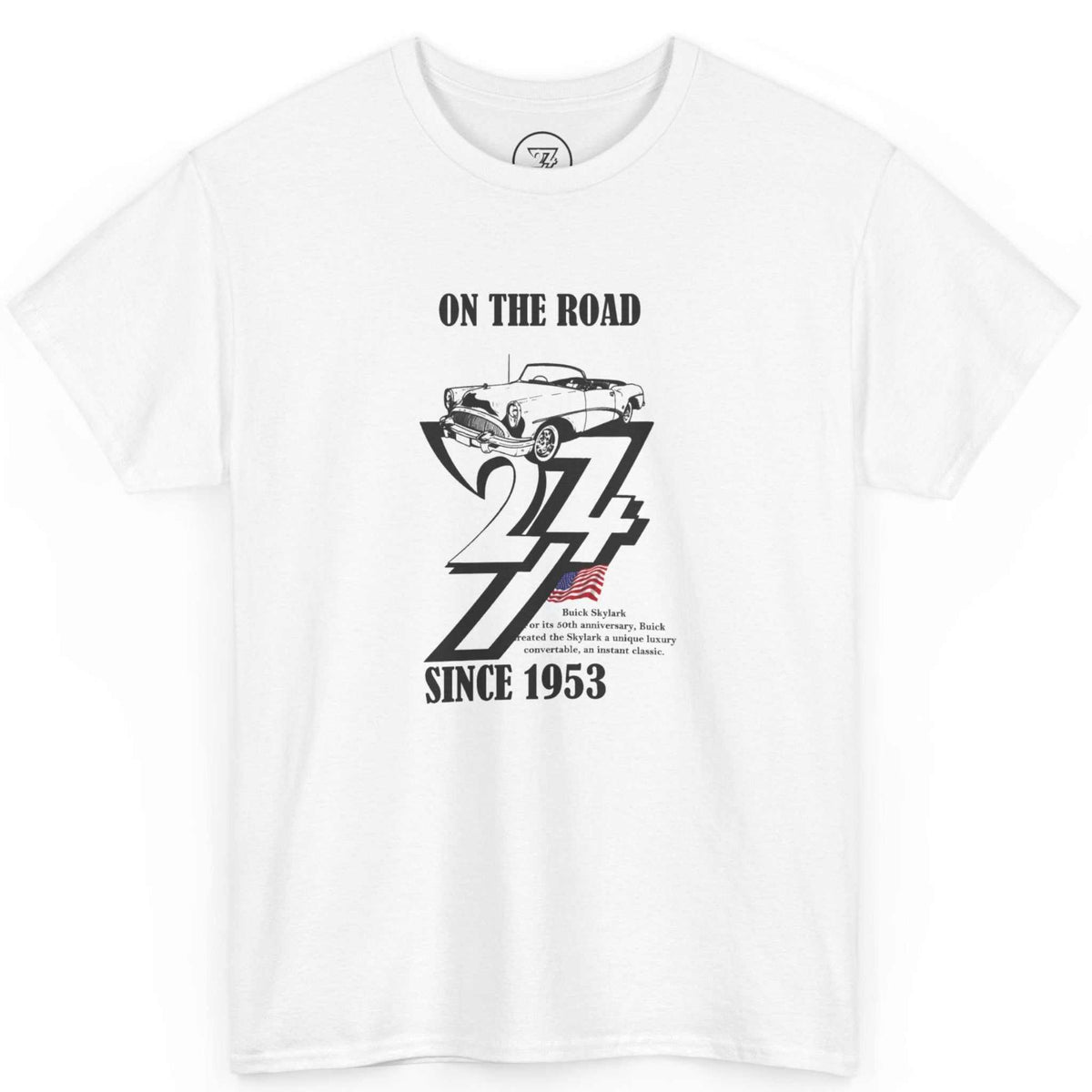 Front view of a crisp white gearhead apparel tee showcasing the black vintage Buick graphic, laid flat.