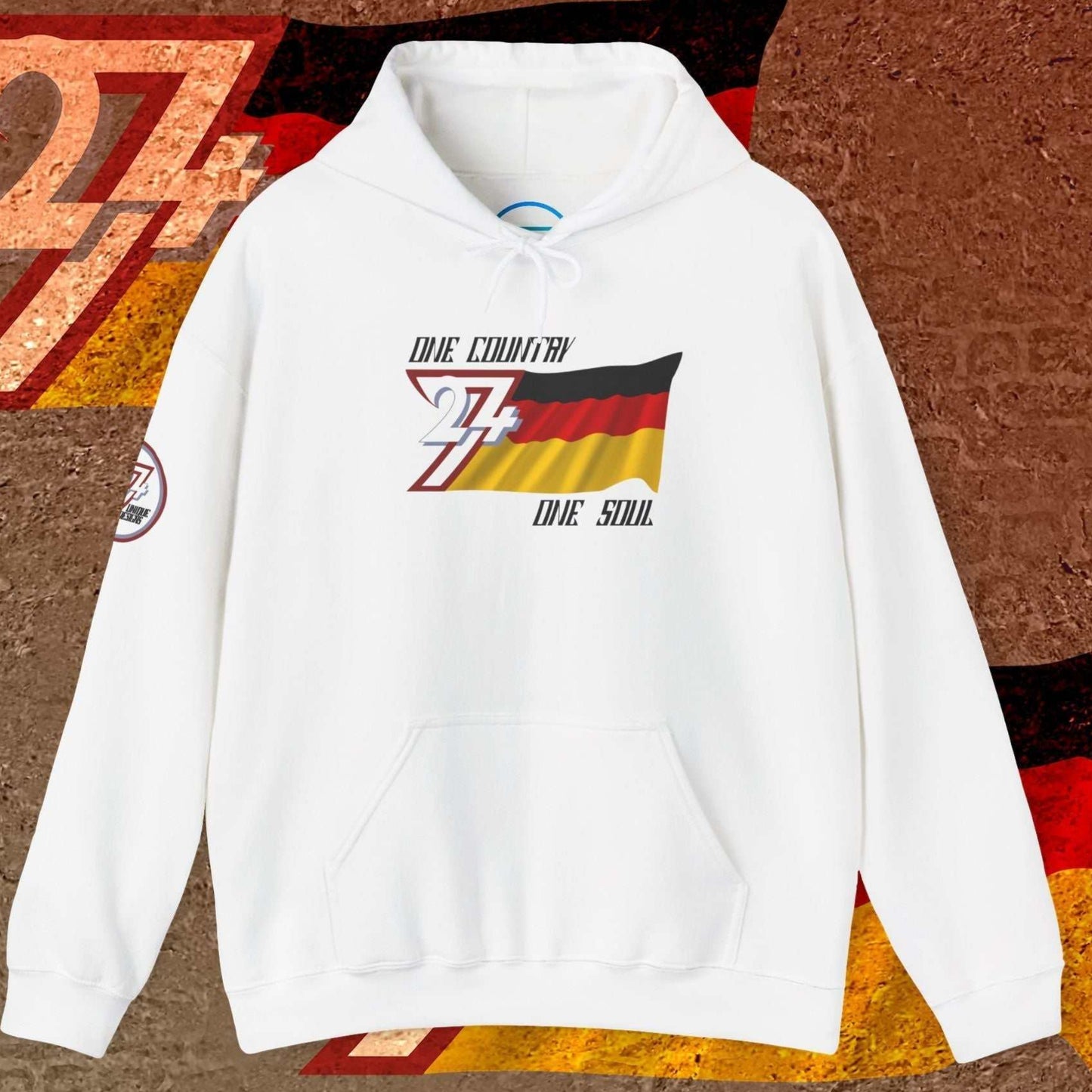 A clean White "Atelier" edition Deutschland hoodie featuring the refined hand-drawn flag graphic.
