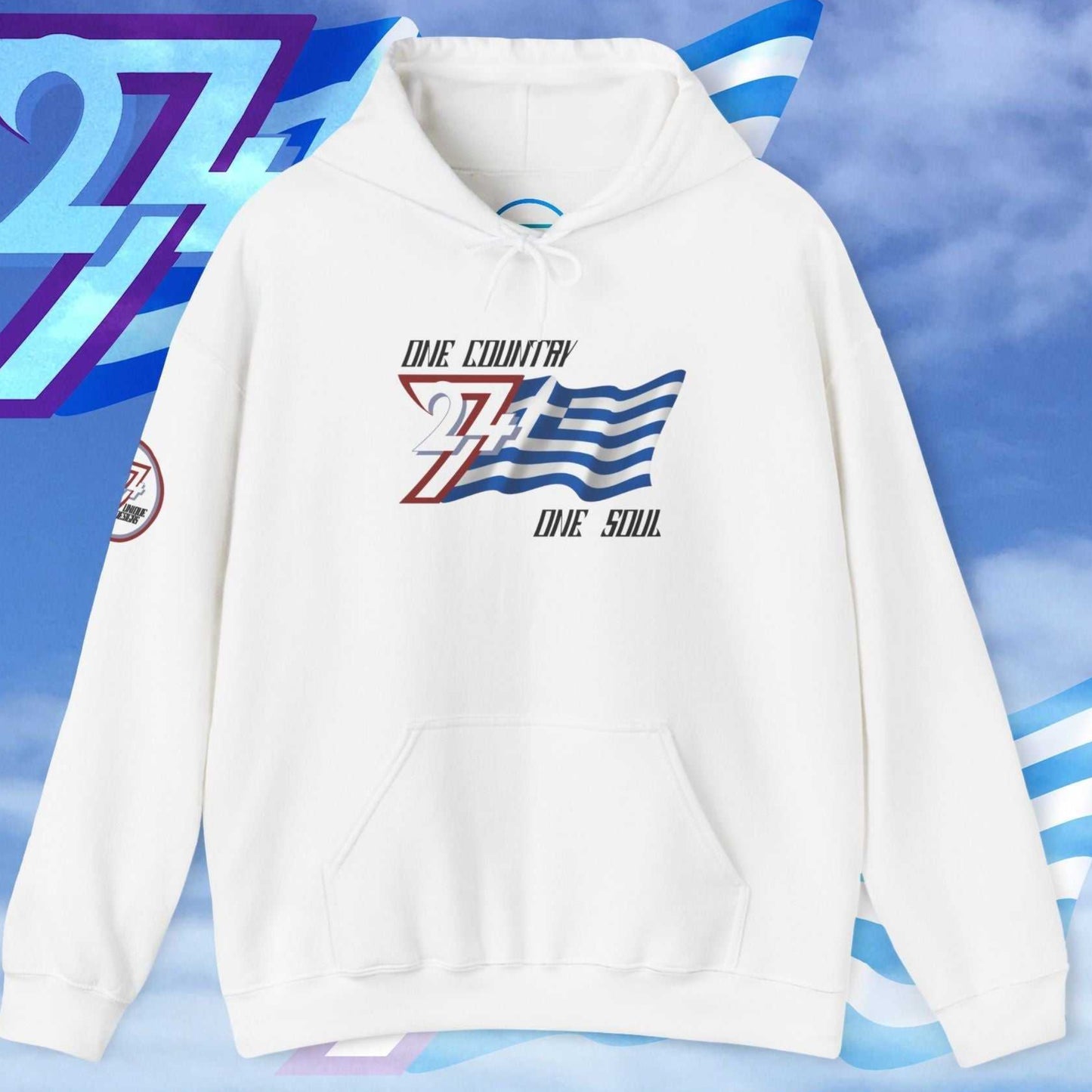 A crisp White premium hoodie showcasing the minimalist "Atelier" style Greek flag graphic.