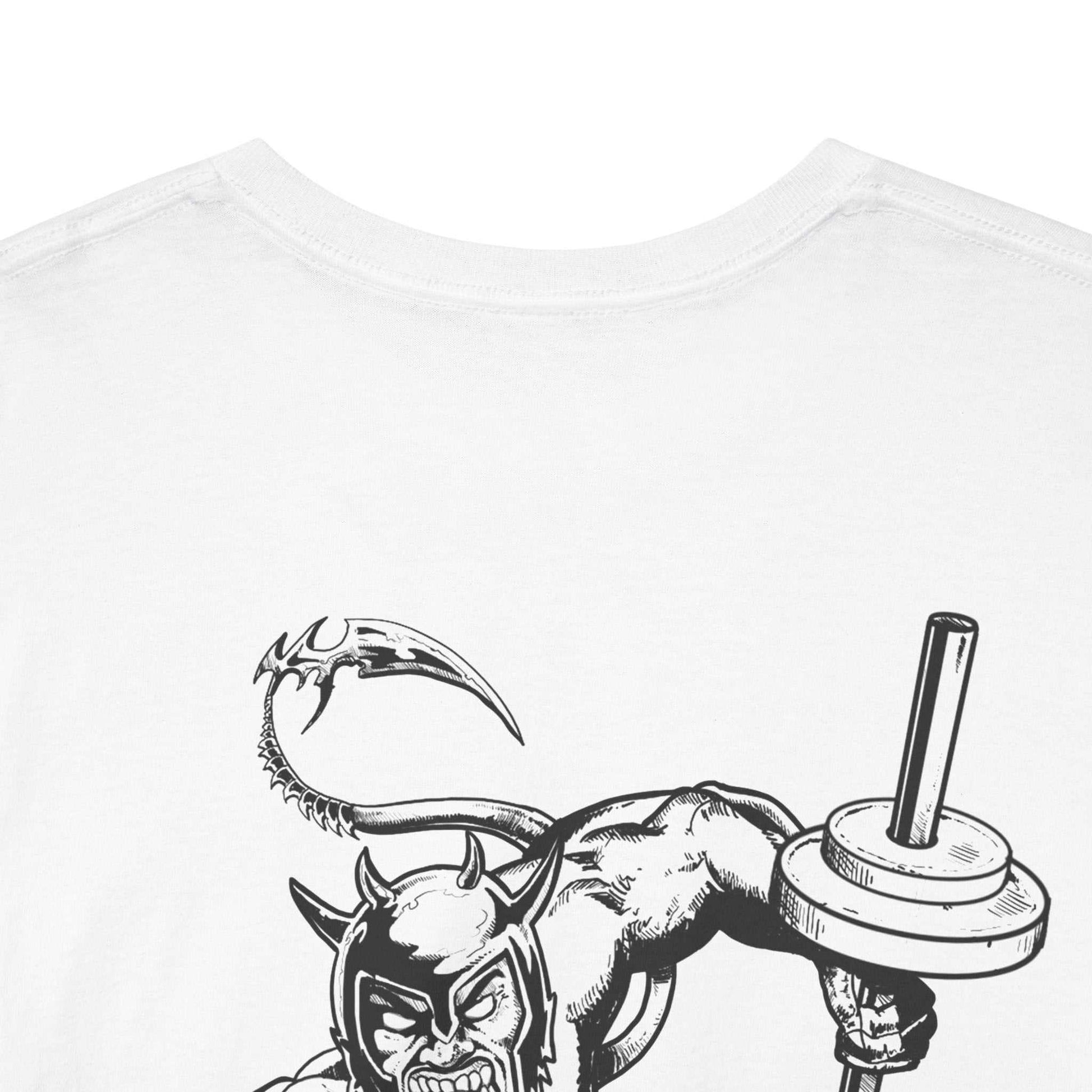 White gym t-shirt with black graphic design of a demon-like character holding a barbell on a white background