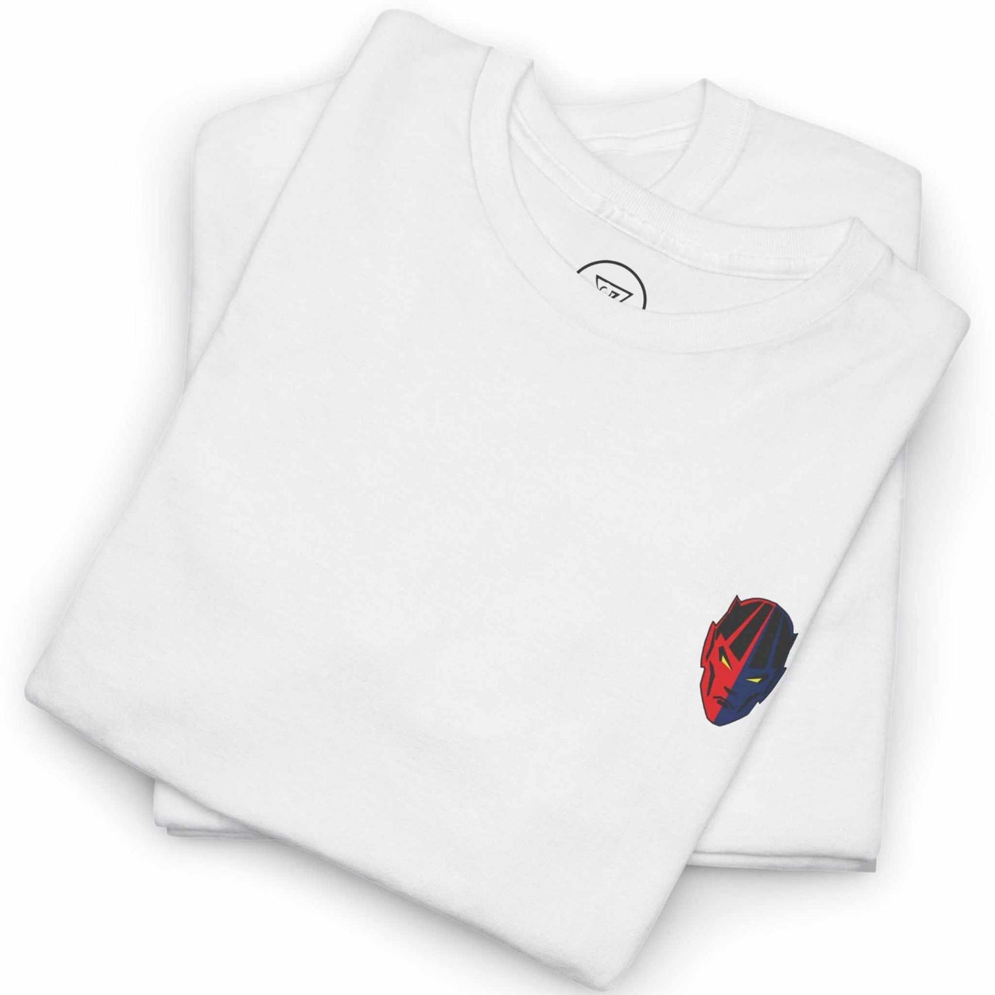 Neatly folded white hand-drawn fitness apparel tee showing the crisp chest emblem and premium cotton fabric, laid flat.