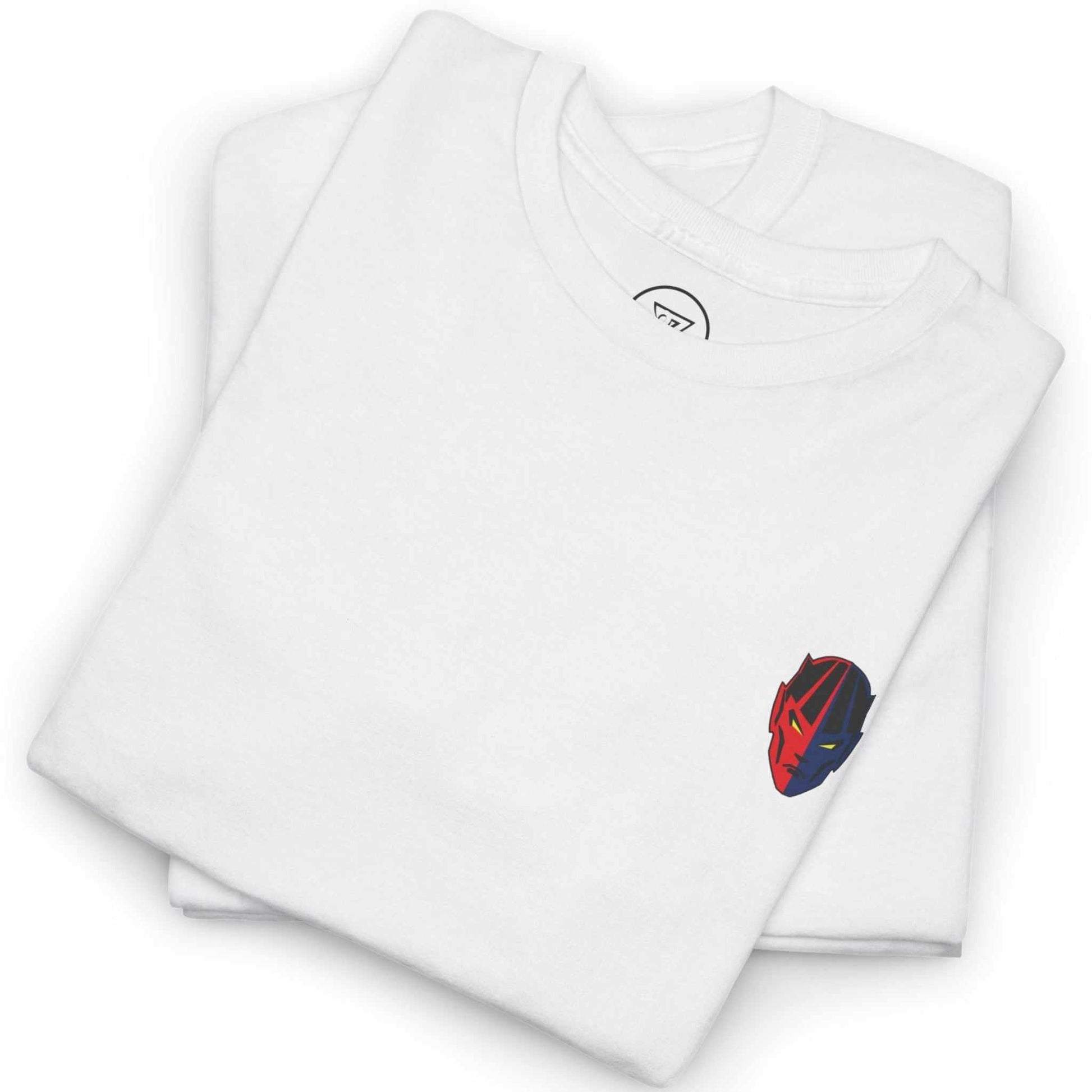 Neatly folded white hand-drawn fitness apparel tee showing the crisp chest emblem and premium cotton fabric, laid flat.