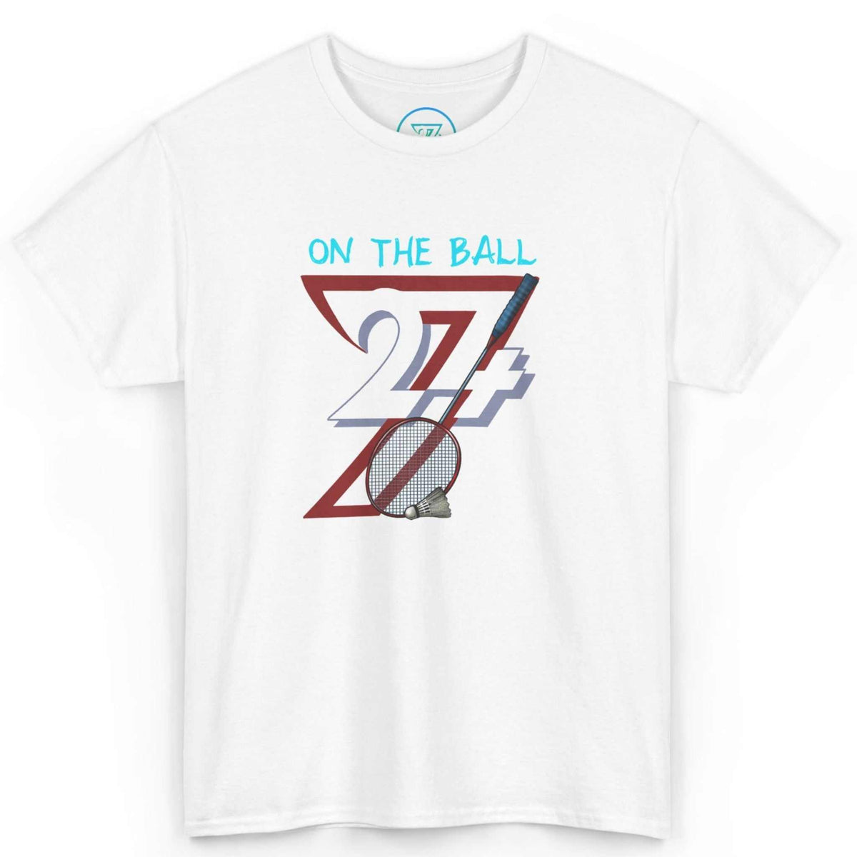 Front view of a crisp white hand-drawn outdoor sports shirt showcasing the classic badminton racket and shuttlecock graphic, laid flat on a clean background.