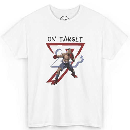 Front view of a crisp white hand-drawn sports event shirt showcasing the dynamic vintage boxing graphic, laid flat on a clean background.