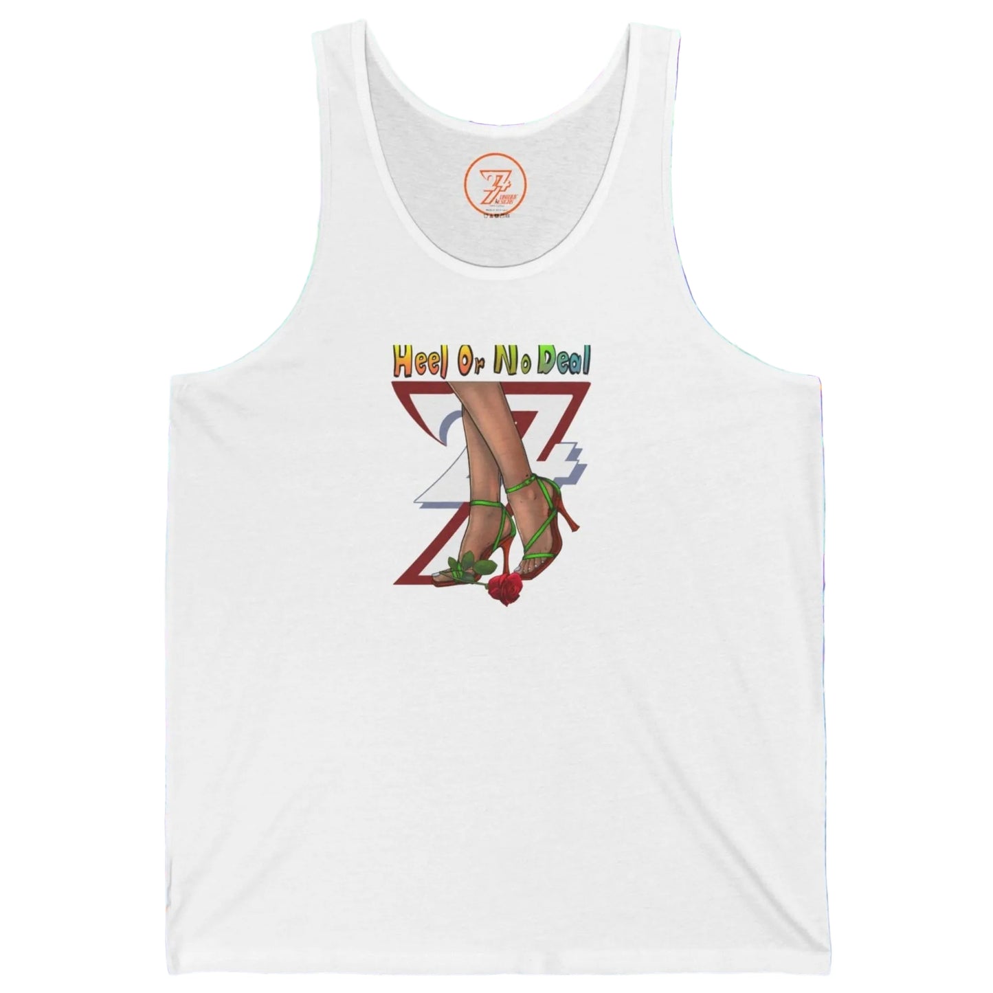 White women's jersey tank top featuring a graphic of legs in green heels, a red rose, and the text Heel Or No Deal.