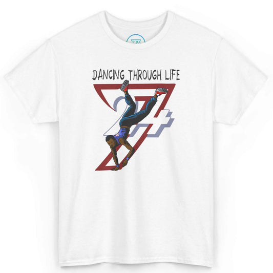 Front view of a crisp white hip-hop dance graphic tee featuring the hand-drawn Dancing Through Life breakdancer graphic, displayed on a clean background.