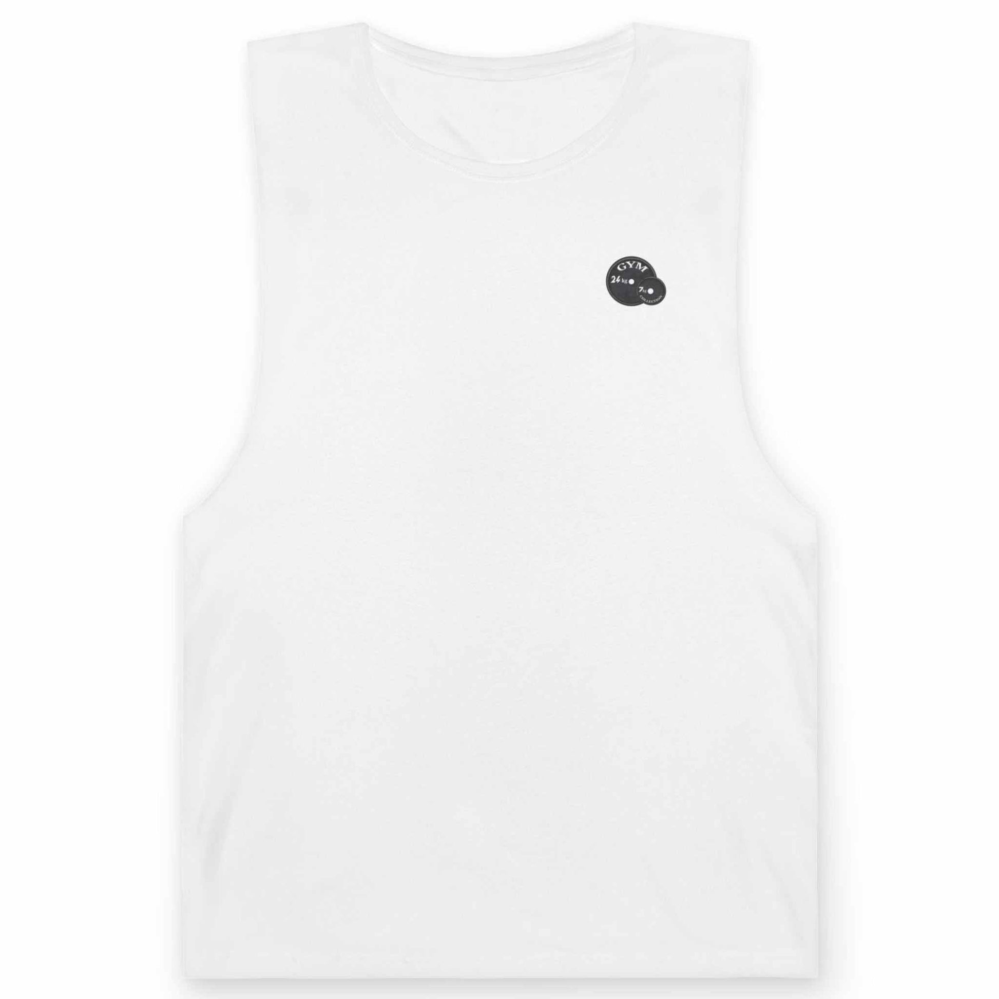 Front view of a white horror comic workout shirt featuring the subtle 24/7 weight plate chest logo, displayed on a clean background.
