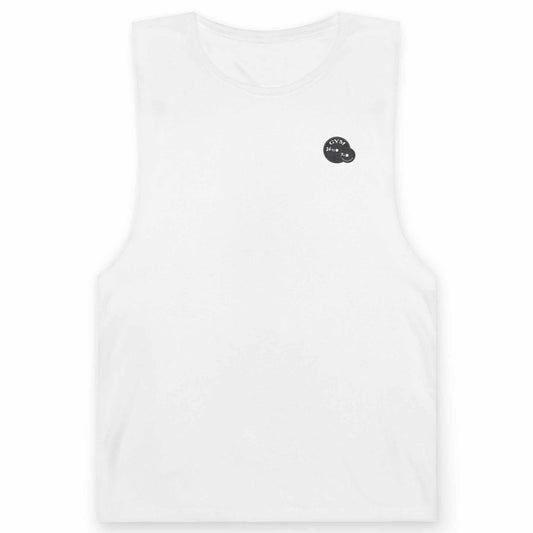 Front view of a white horror comic workout shirt featuring the subtle 24/7 weight plate chest logo, displayed on a clean background.
