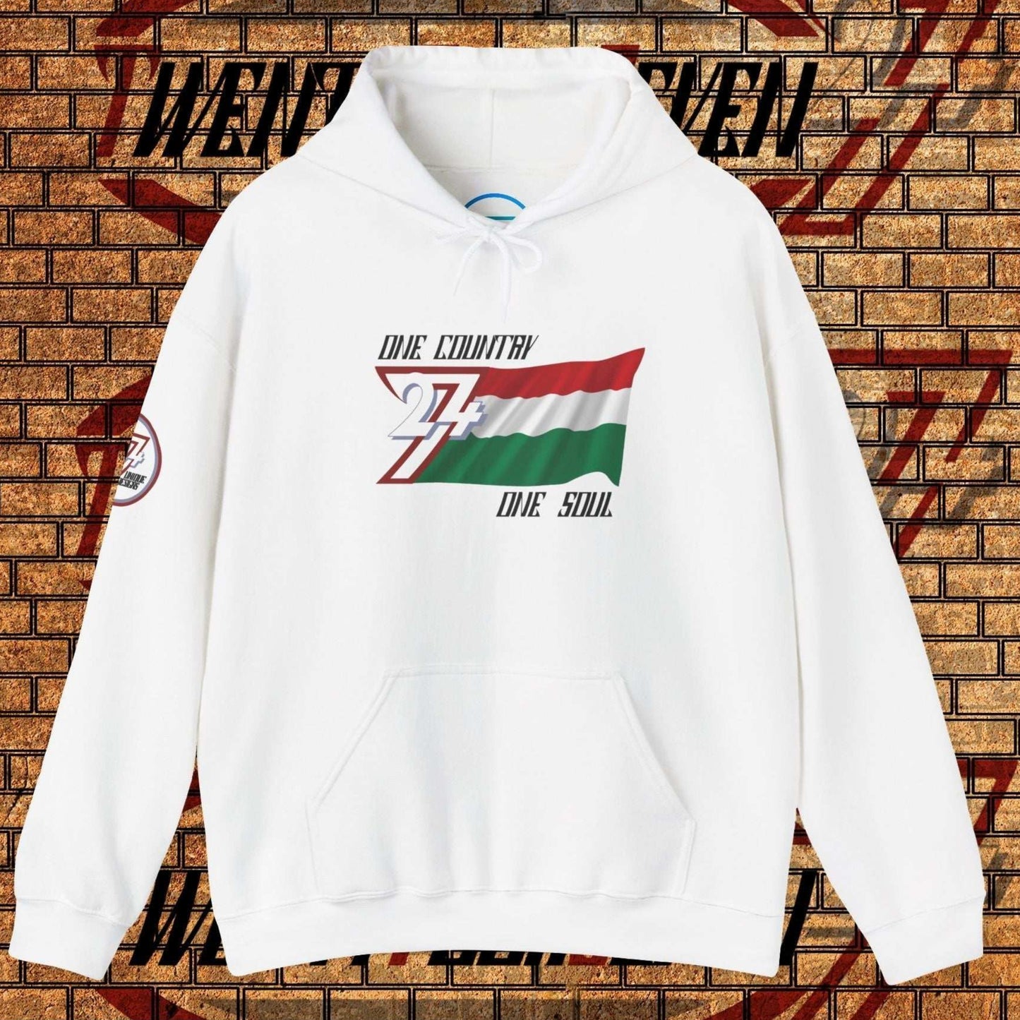 Premium White Hungary flag hoodie featuring the hand-drawn national flag and 24/7 branding.