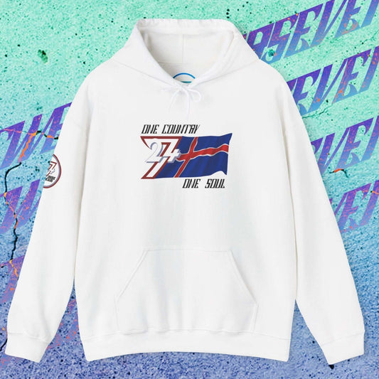 Premium White Iceland flag hoodie featuring the hand-drawn national flag and 24/7 branding.