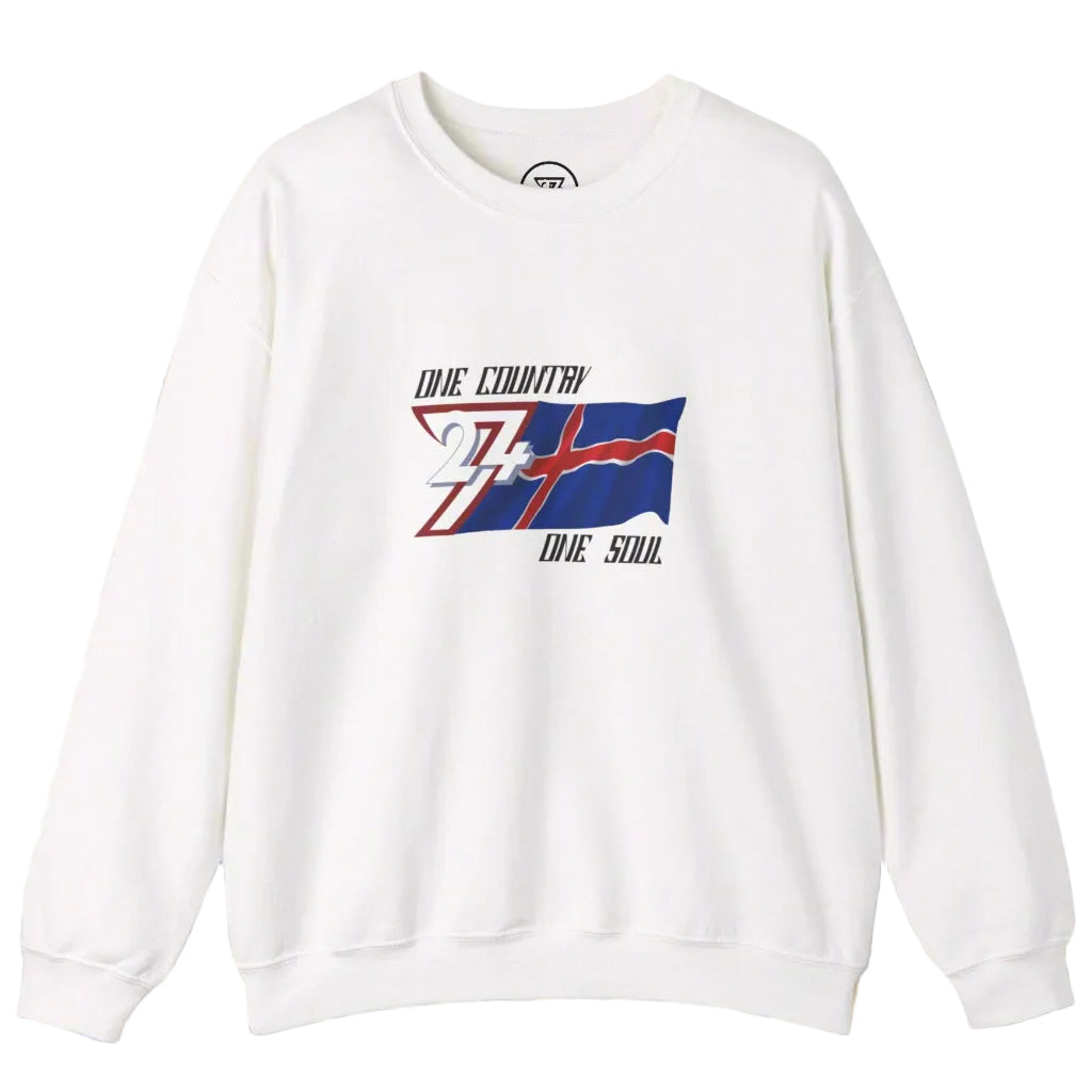 White crewneck sweatshirt featuring a hand-drawn Iceland flag design with the slogan "One nation one soul"