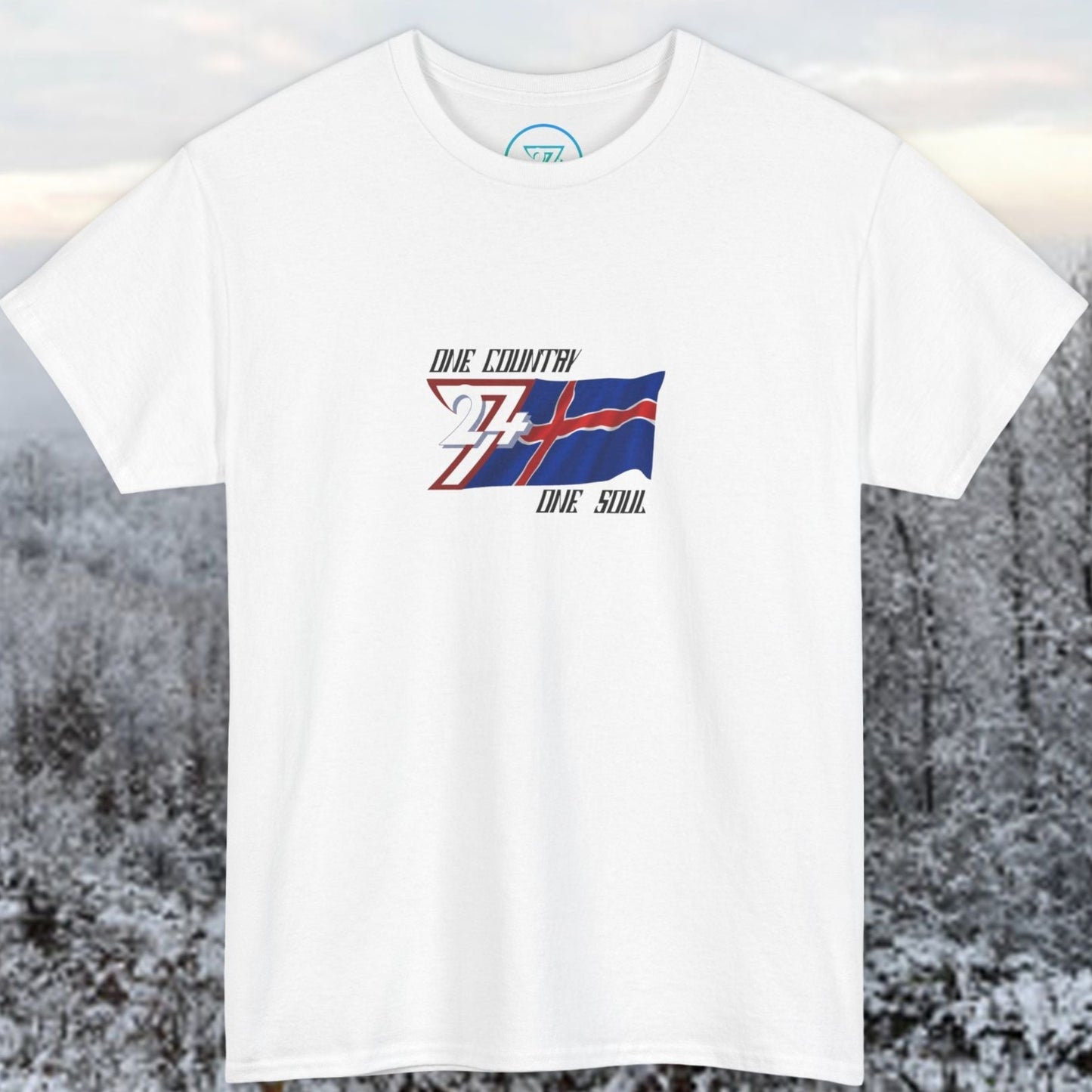 Full front view of the White Iceland flag t-shirt featuring a refined hand-drawn design and "One Country One Soul" slogan.
