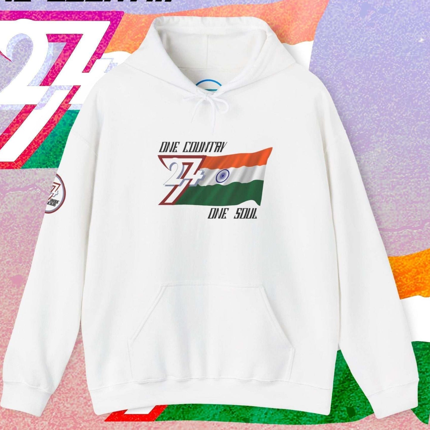 Premium White India flag hoodie featuring the hand-drawn national flag and 24/7 branding.