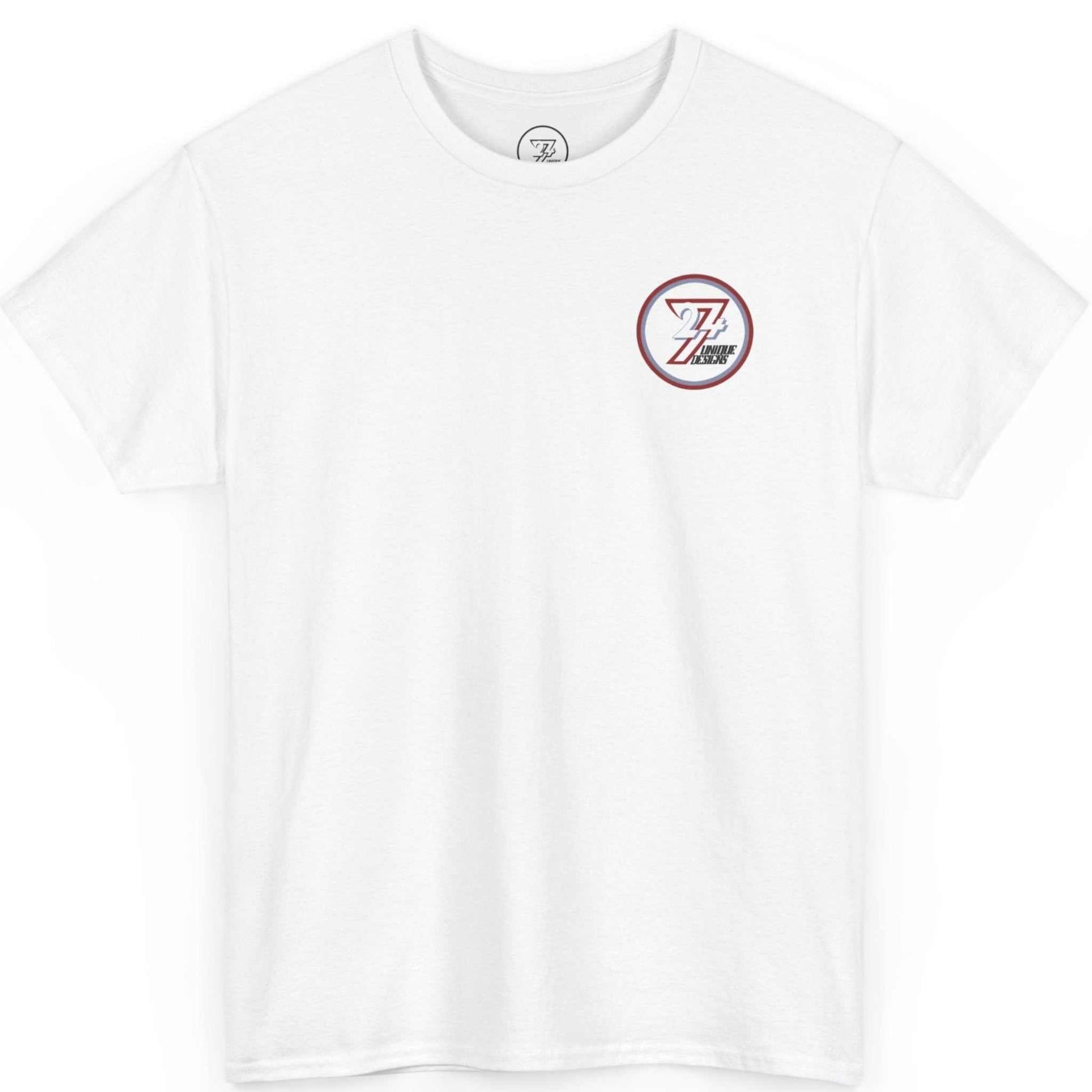 Front view of a white indie comic book shirt showcasing the subtle left-chest 24/7 Unique Designs logo, laid flat.