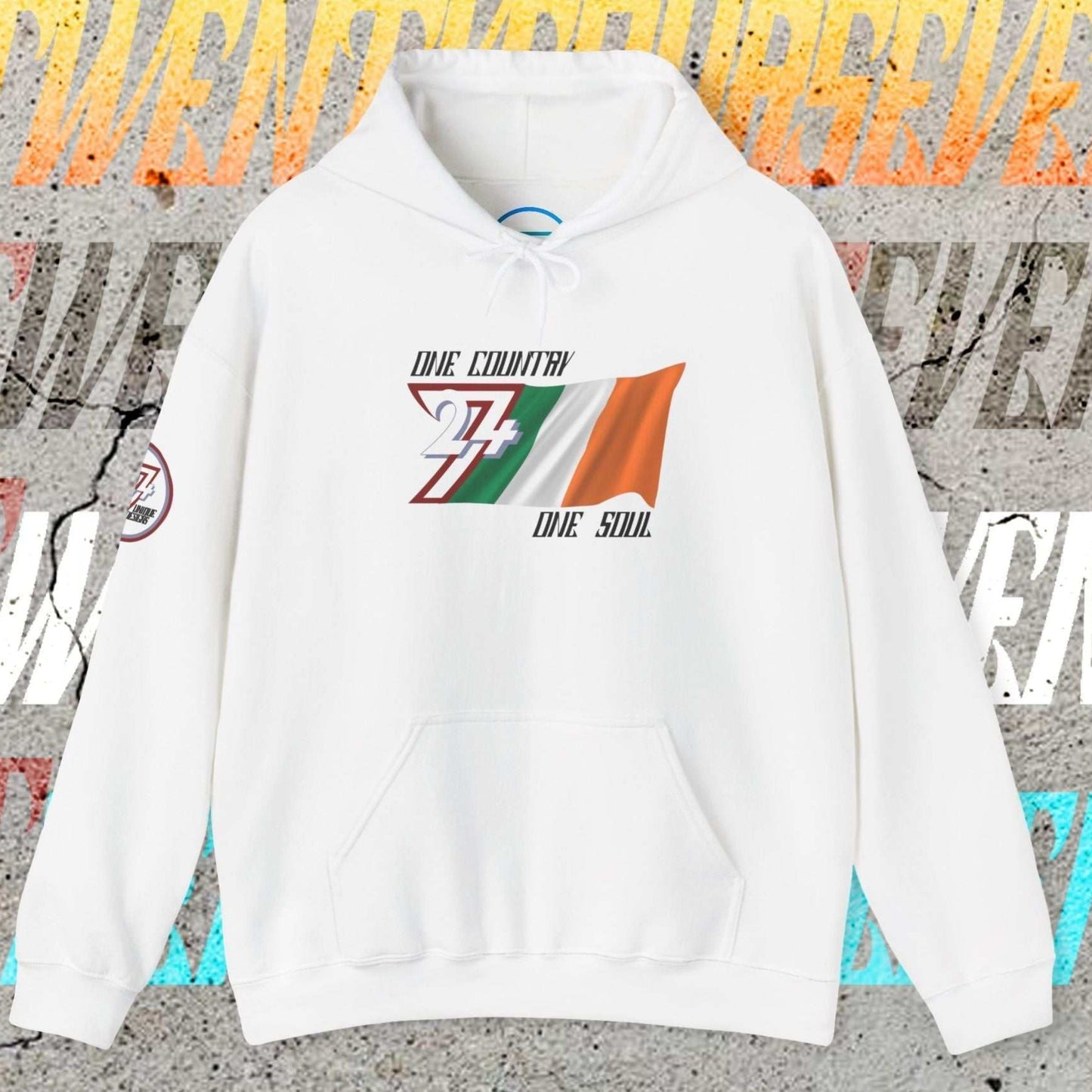 Premium White Ireland flag hoodie featuring the hand-drawn national flag and 24/7 branding.