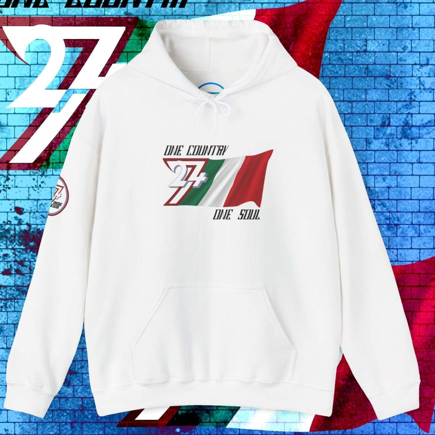 Premium White Italy flag hoodie featuring the hand-drawn national flag and 24/7 branding.