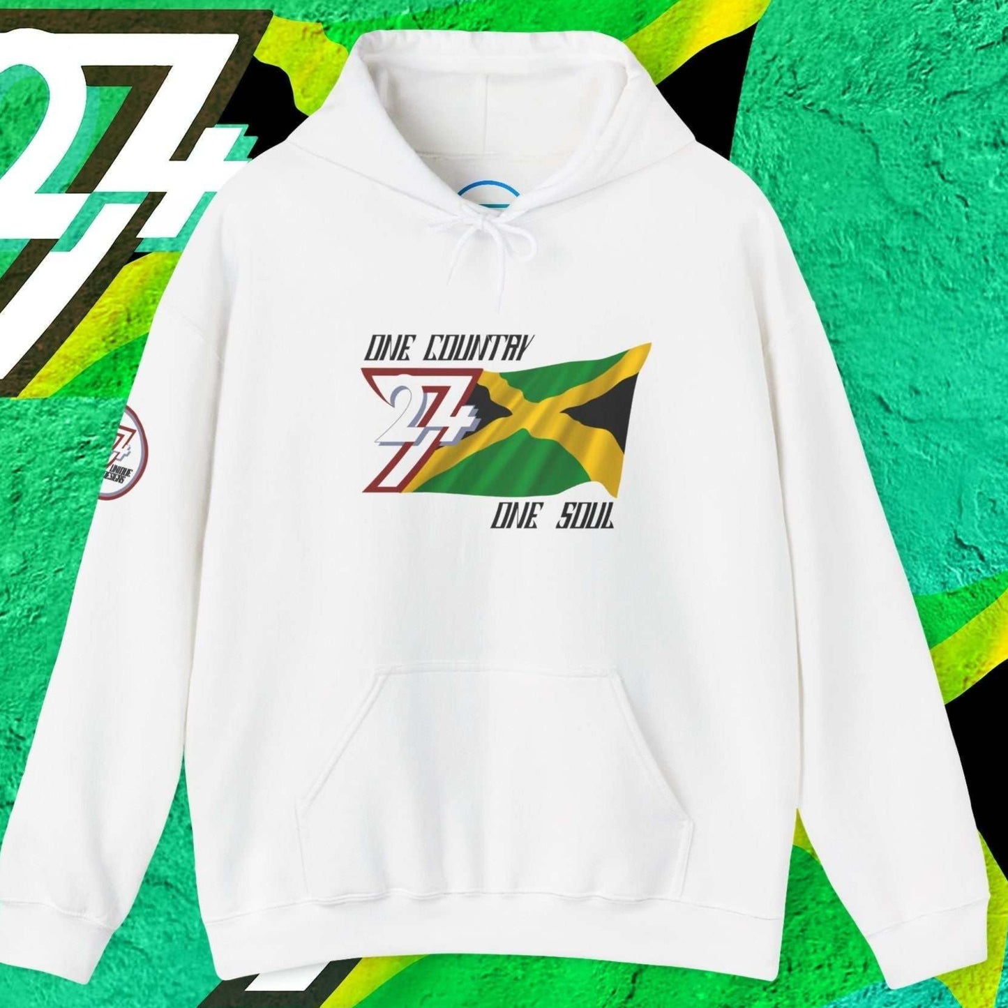 Premium White Jamaica flag hoodie featuring the hand-drawn national flag and 24/7 branding.