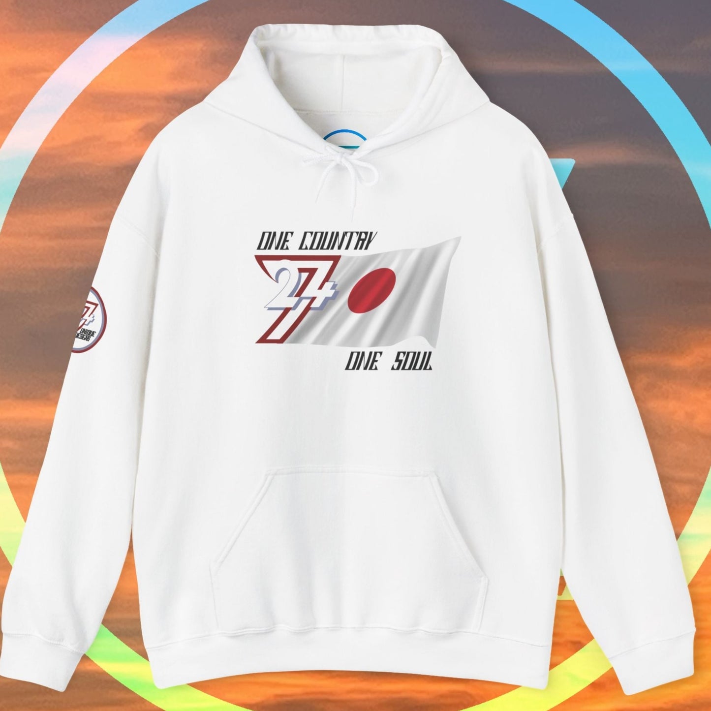 Premium White Japan flag hoodie featuring the hand-drawn national flag and 24/7 branding.
