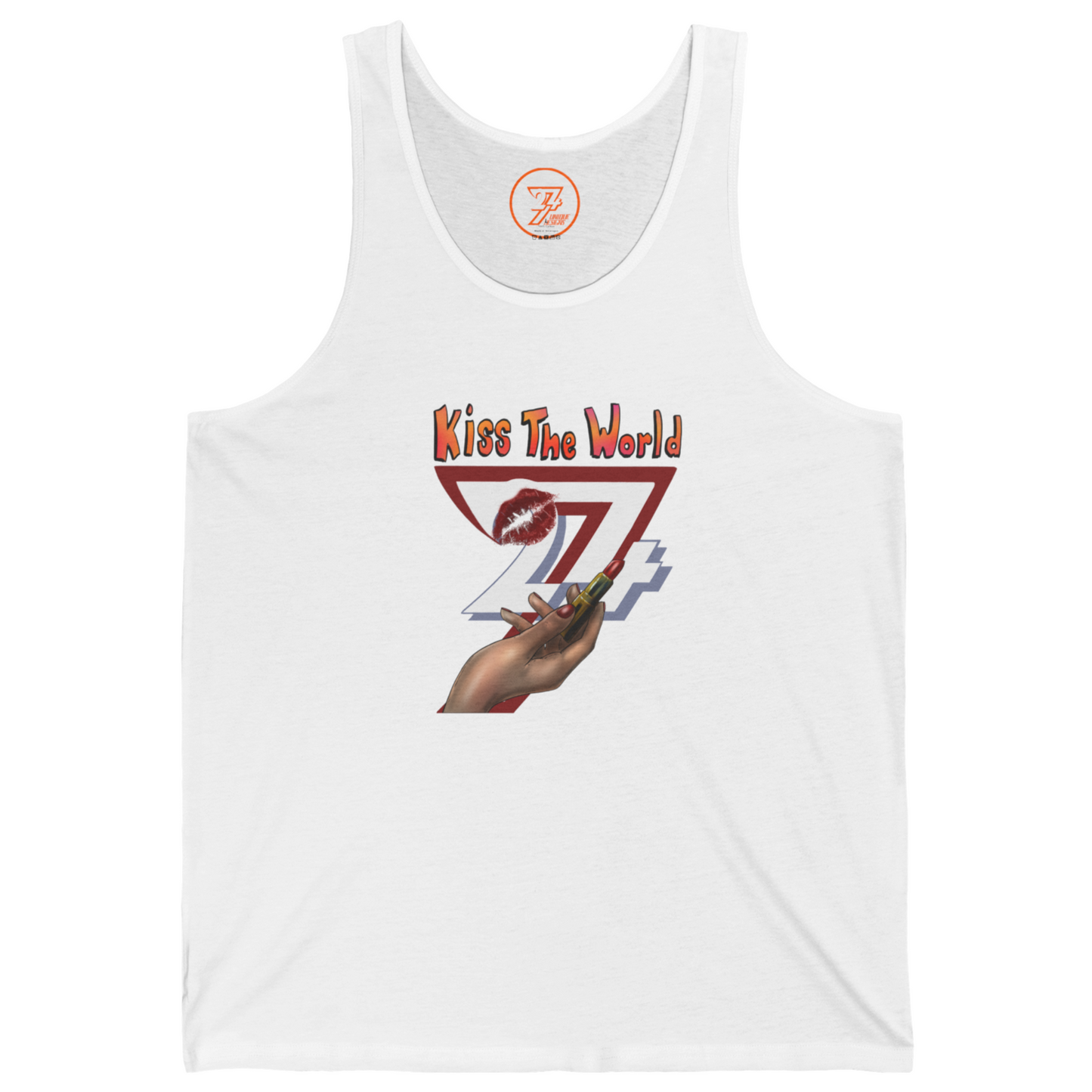 White women's jersey tank top featuring a vibrant Kiss The World lipstick and hand illustration.