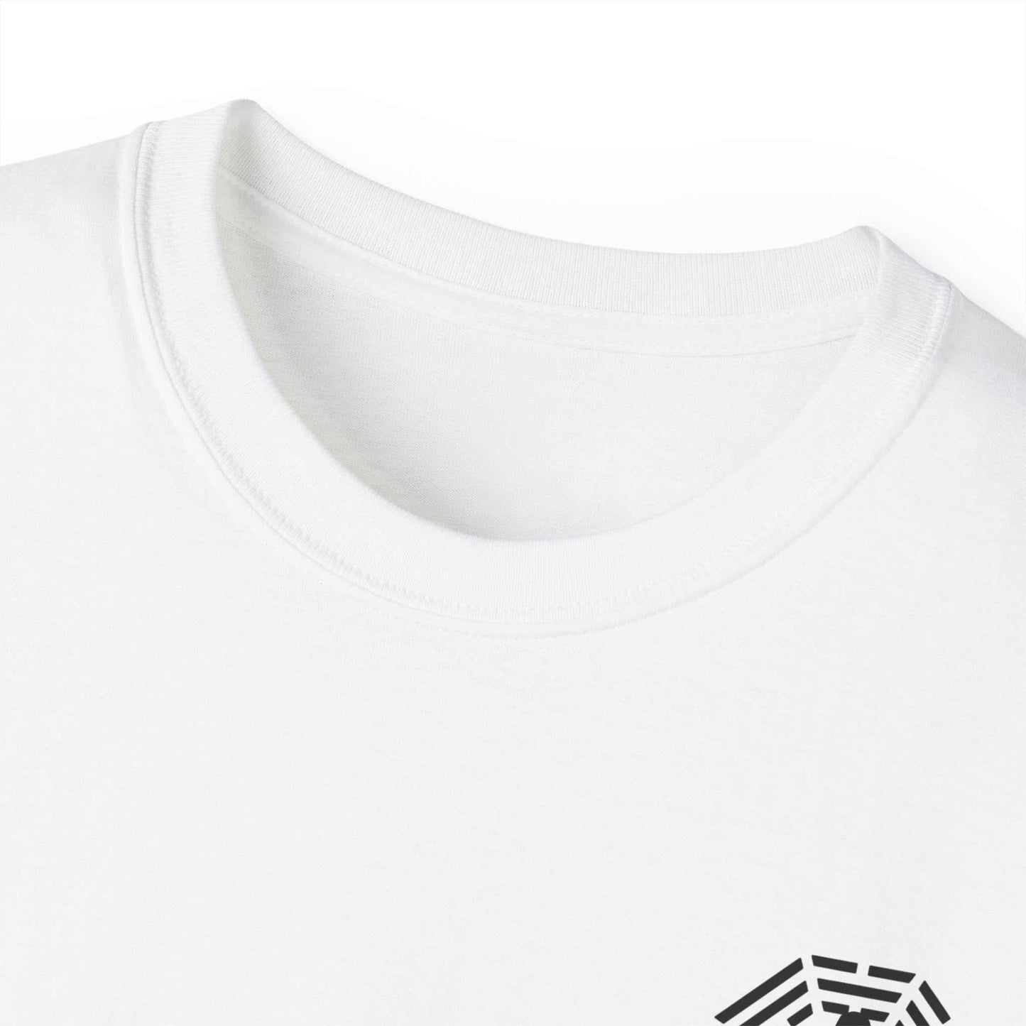 Close-up of the classic crew neckline on the white martial arts graphic tee, showing the durable construction.
