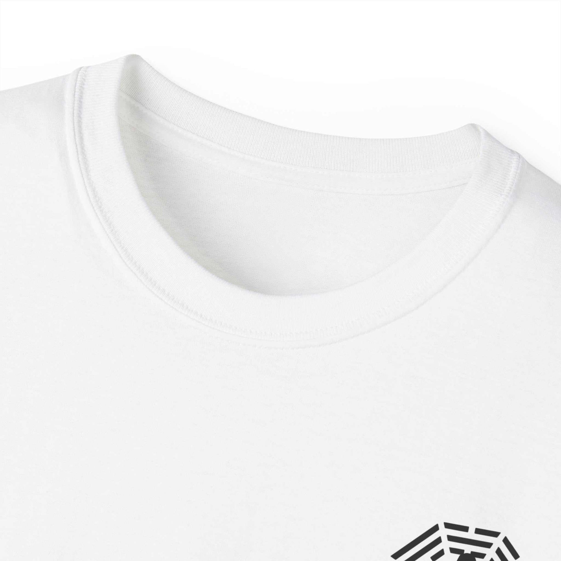 Close-up of the classic crew neckline on the white martial arts graphic tee, showing the durable construction.
