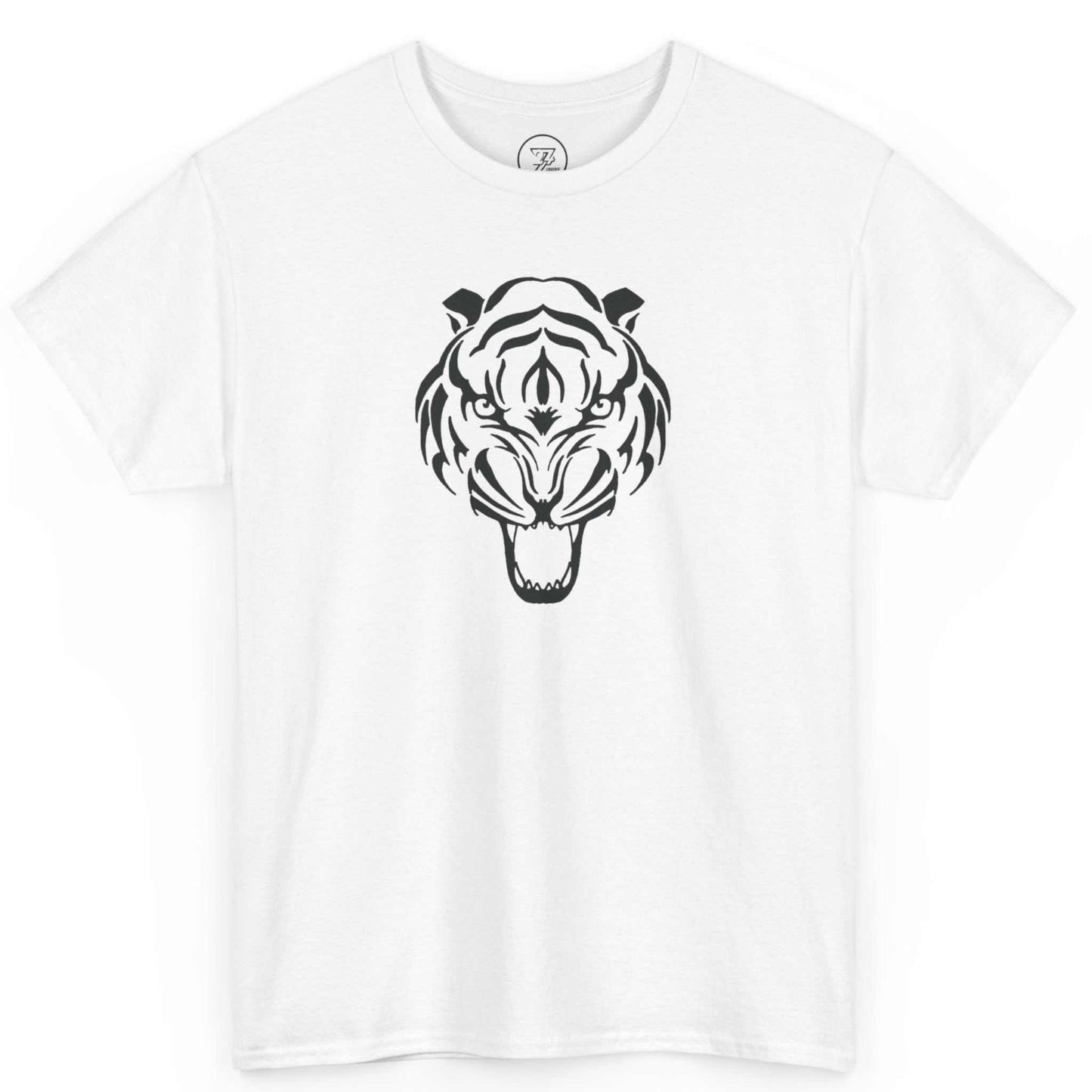 Solid white martial arts t-shirt displaying the custom roaring black tiger logo.