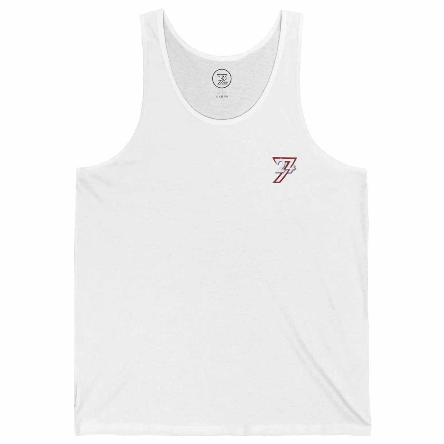 Front view of a white men's graphic gym tank top featuring the official 24/7 brand logo on the left chest, displayed on a clean background.
