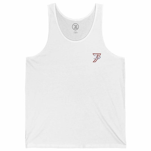 Front view of a white men's graphic gym tank top featuring the official 24/7 brand logo on the left chest, displayed on a clean background.