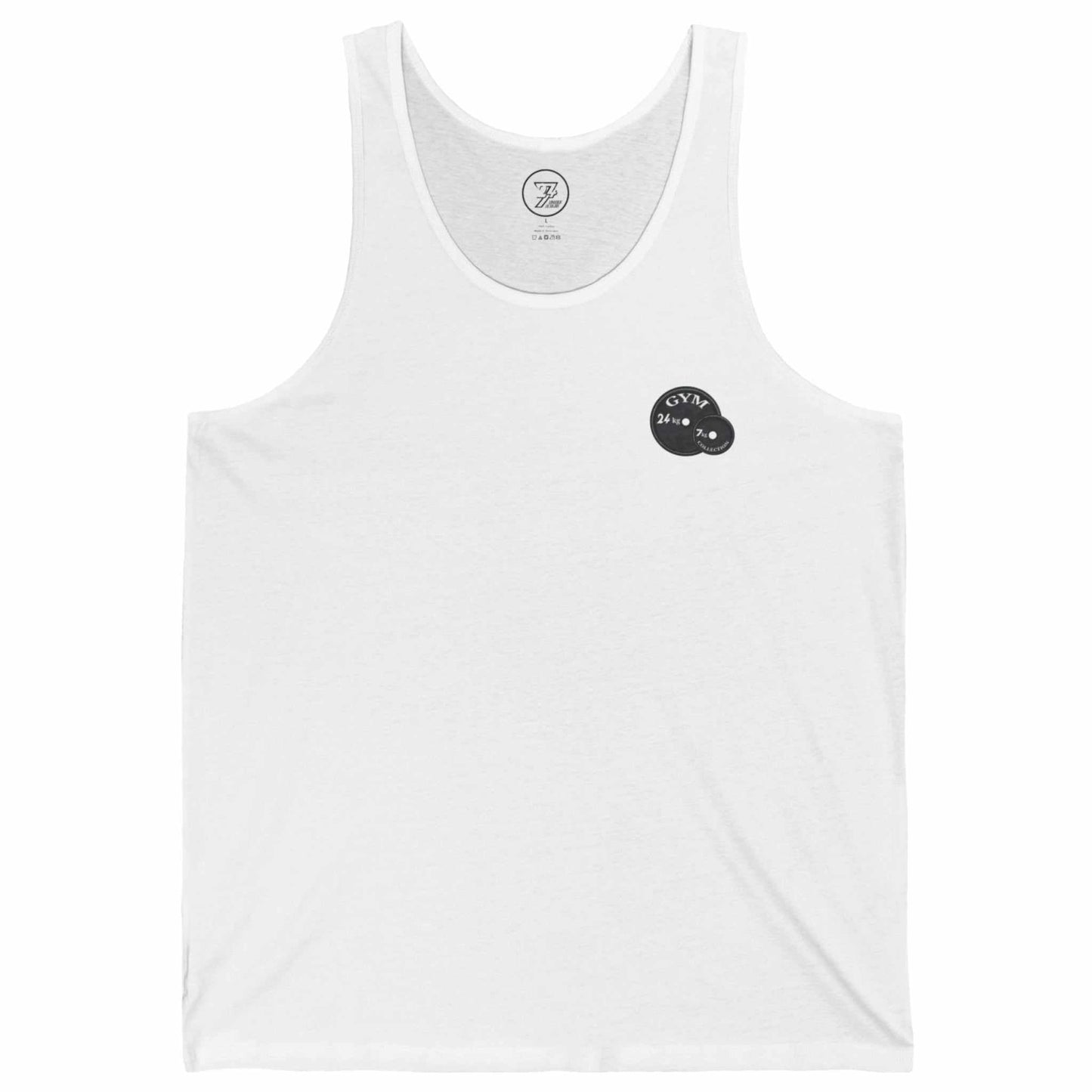 Front view of a white men's graphic gym tank top featuring the subtle 24/7 weight plate chest logo, displayed on a clean background.
