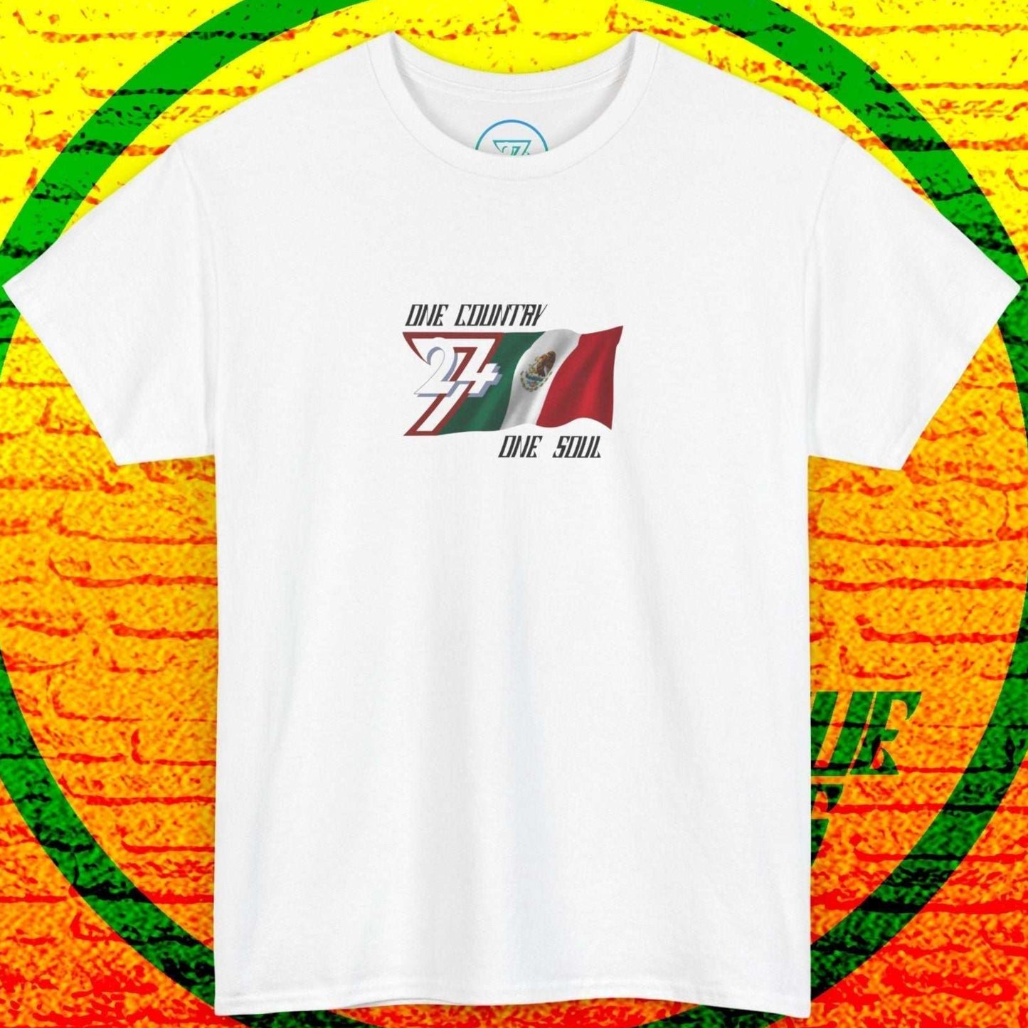 Full front view of the White Mexico flag t-shirt featuring a refined hand-drawn design and "One Country One Soul" slogan.