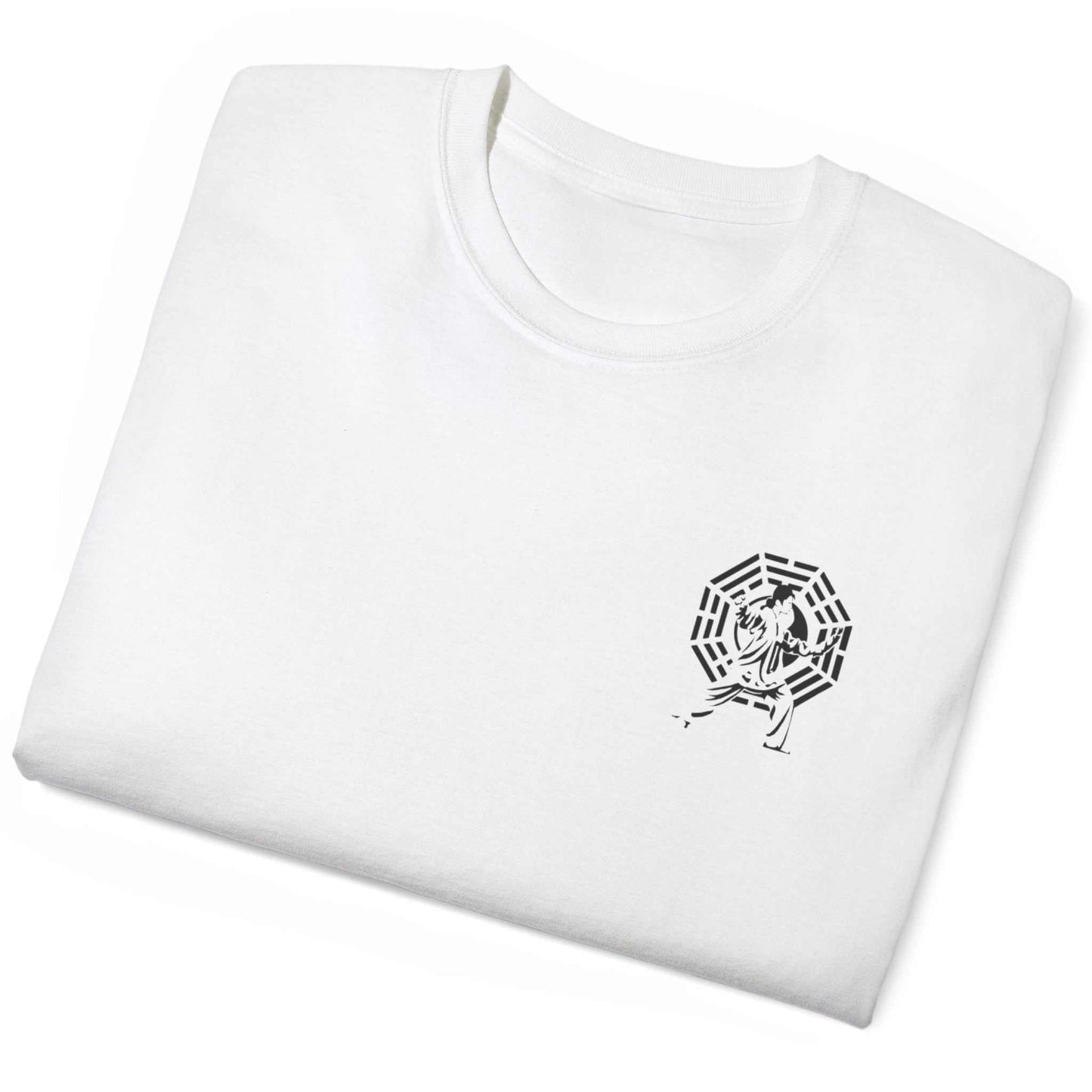 Neatly folded white minimalist graphic tee highlighting the crisp Tai Chi chest emblem and thicker vintage cotton fabric, laid flat.