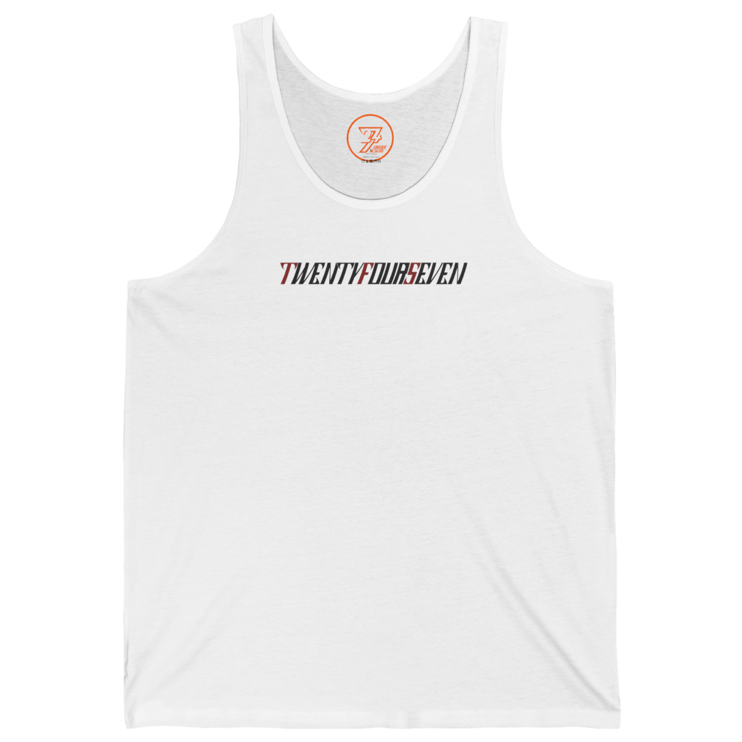 White women's jersey tank top featuring custom minimalist typography across the chest.