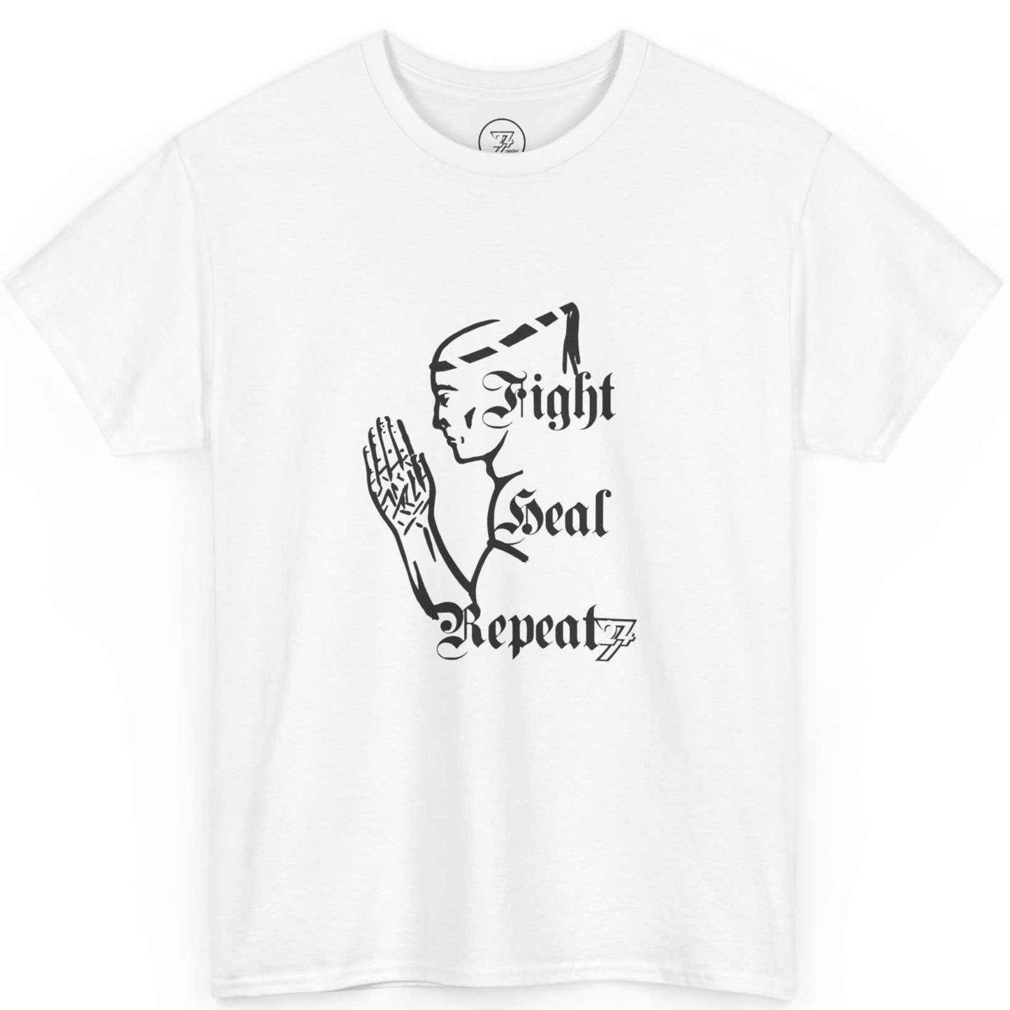 Front view of a crisp white Muay Thai lifestyle t-shirt featuring the black ink hand-drawn Wai Kru graphic, displayed on a clean background.