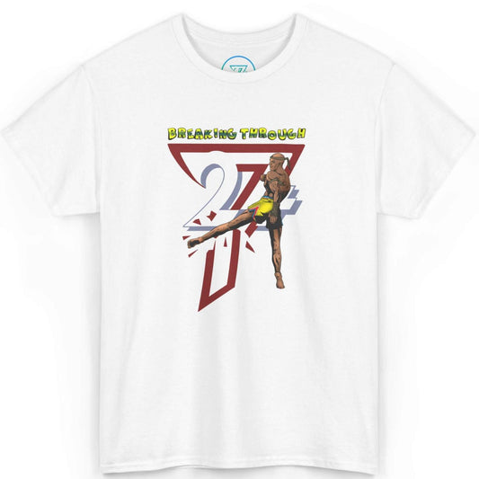 Front view of a crisp white Muay Thai t-shirt featuring the vibrant 90s comic style Breaking Through graphic, displayed on a clean background.