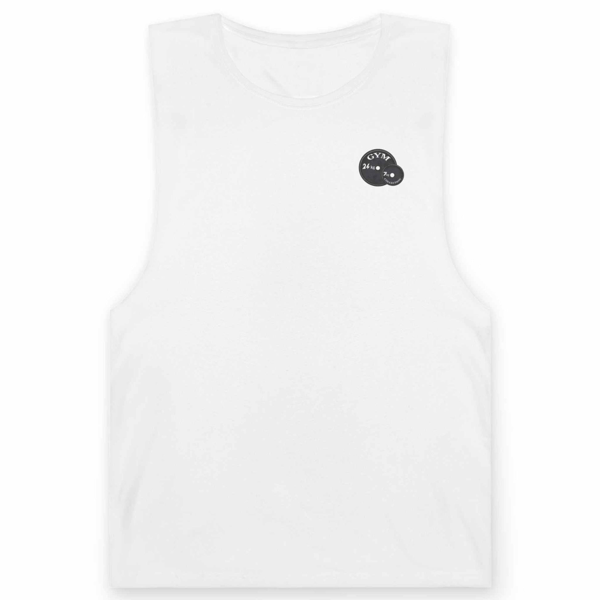 White muscle tank for men front view with 24/7 logo weight design printed on chest