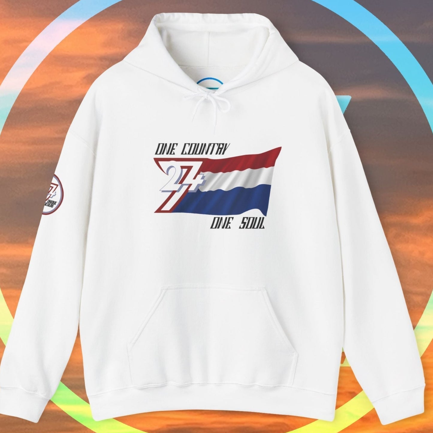 Premium White Netherlands flag hoodie featuring the hand-drawn national flag and 24/7 branding.