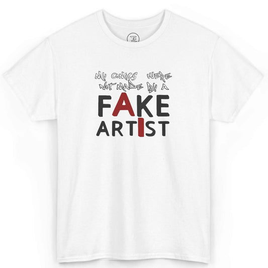 Front view of a white no AI art shirt featuring the bold 'Fake Artist' typographic design with red highlights, displayed on a clean background.