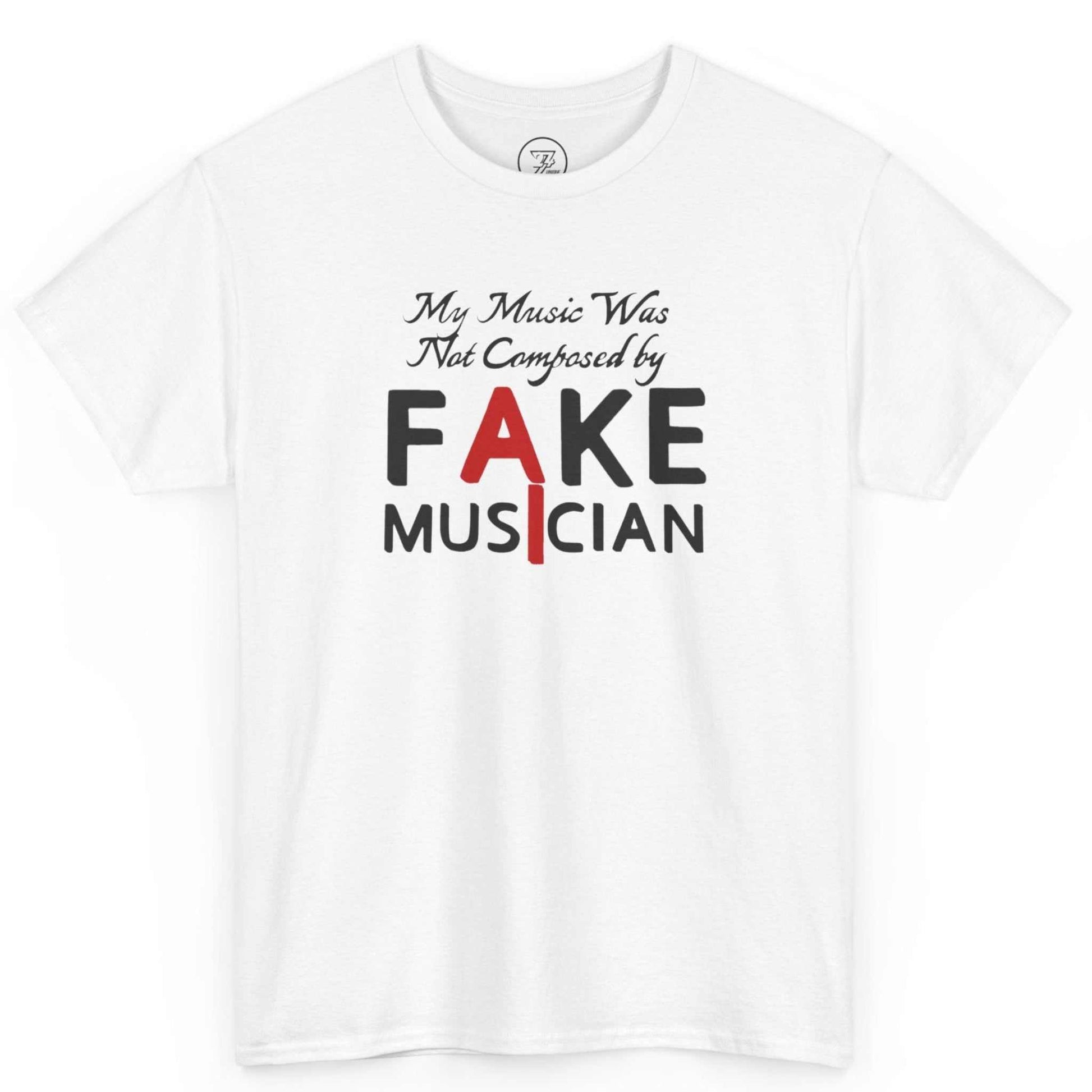 Front view of a white no AI music shirt featuring the bold 'Fake Musician' typographic design with red highlights, displayed on a clean background.