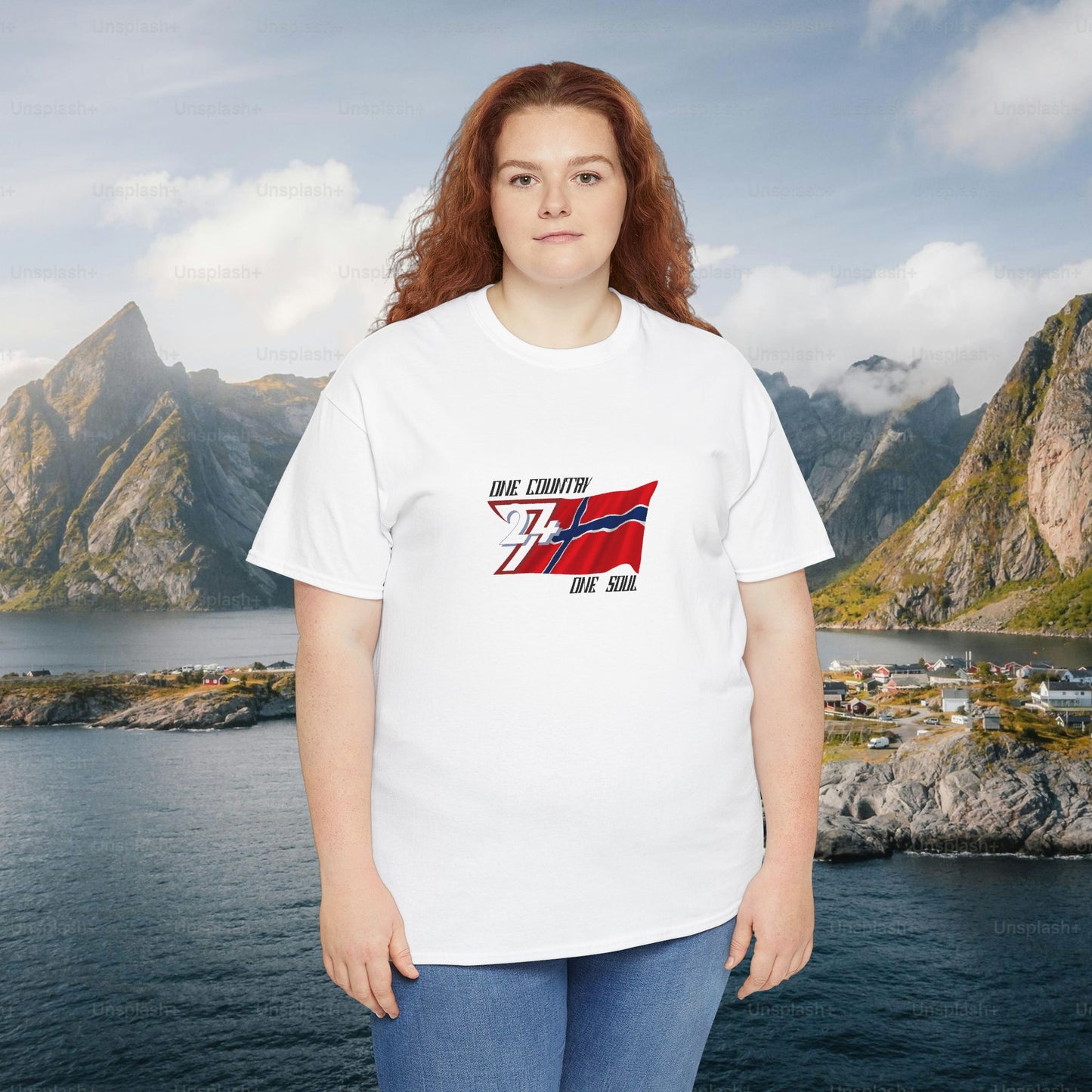 Female model wearing the unique Norway graphic tee in white for a modern Nordic pride look.