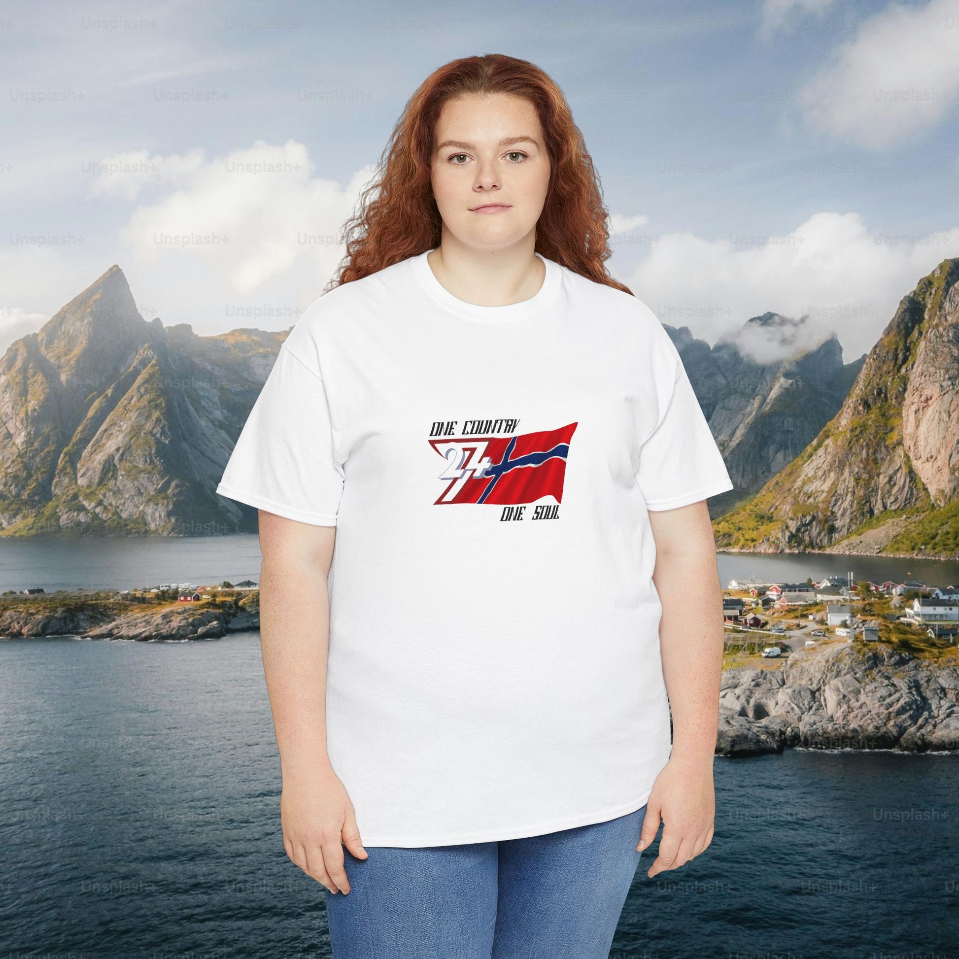 Female model wearing the unique Norway graphic tee in white for a modern Nordic pride look.