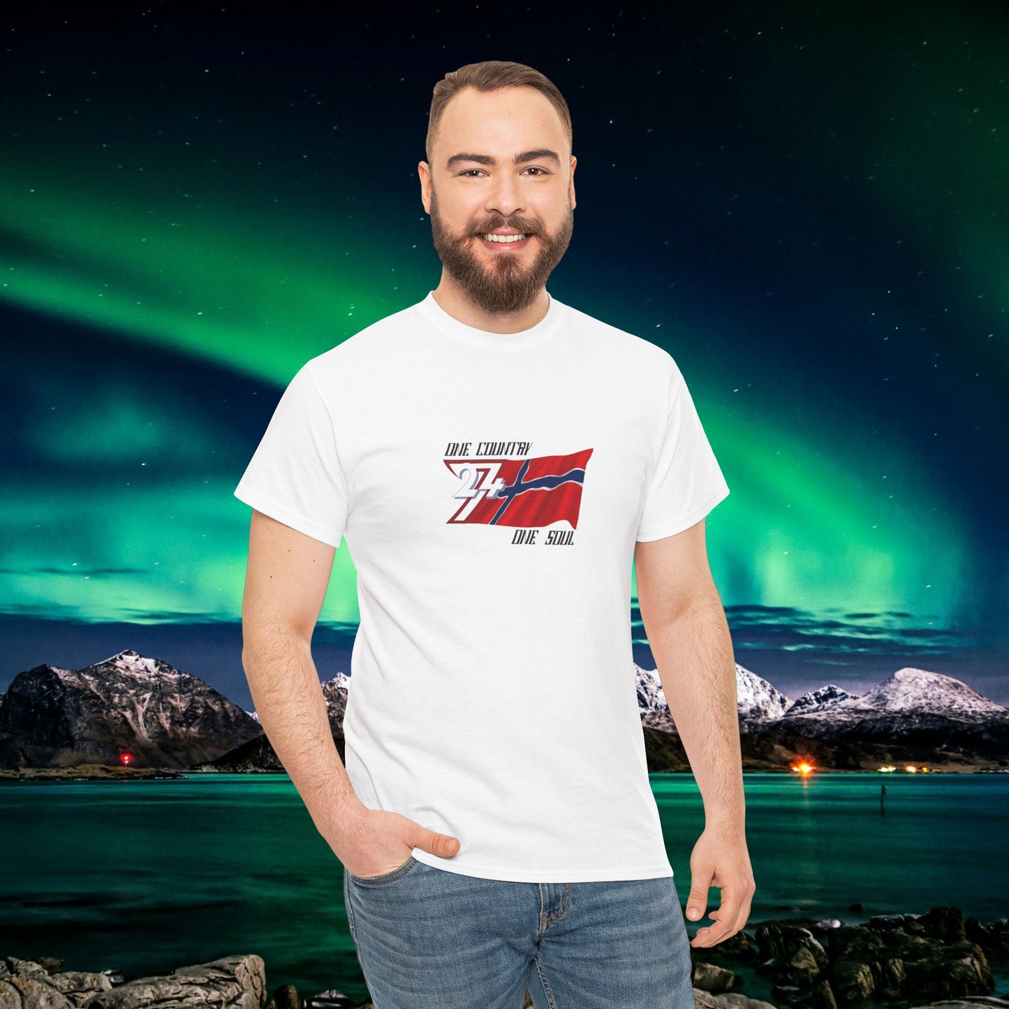 Male model wearing the unique Norway graphic tee in white for a modern Nordic pride look.