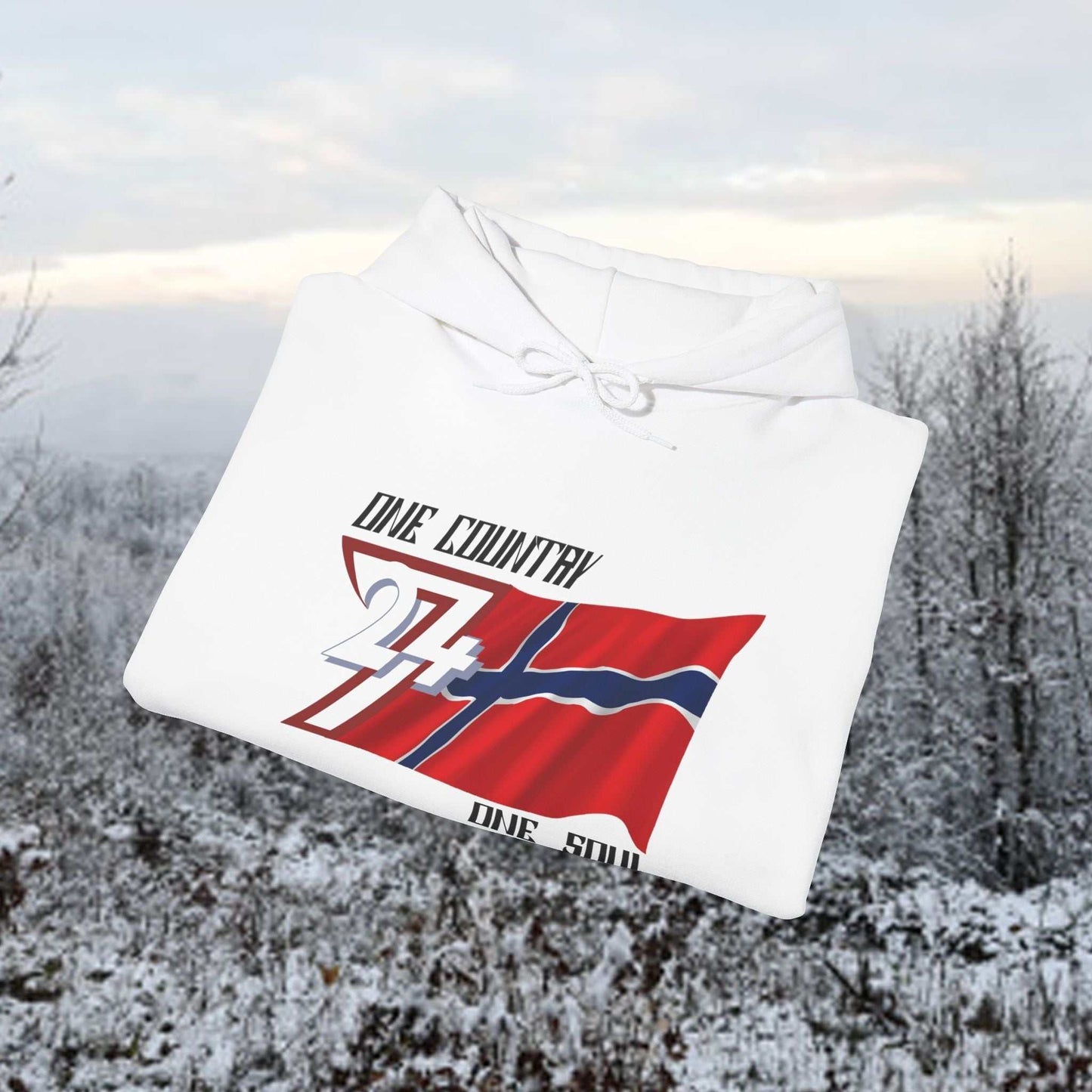 A professional display of the Norge flag hoodie in White, folded to showcase the refined hand-drawn graphic and 8oz fabric weight.